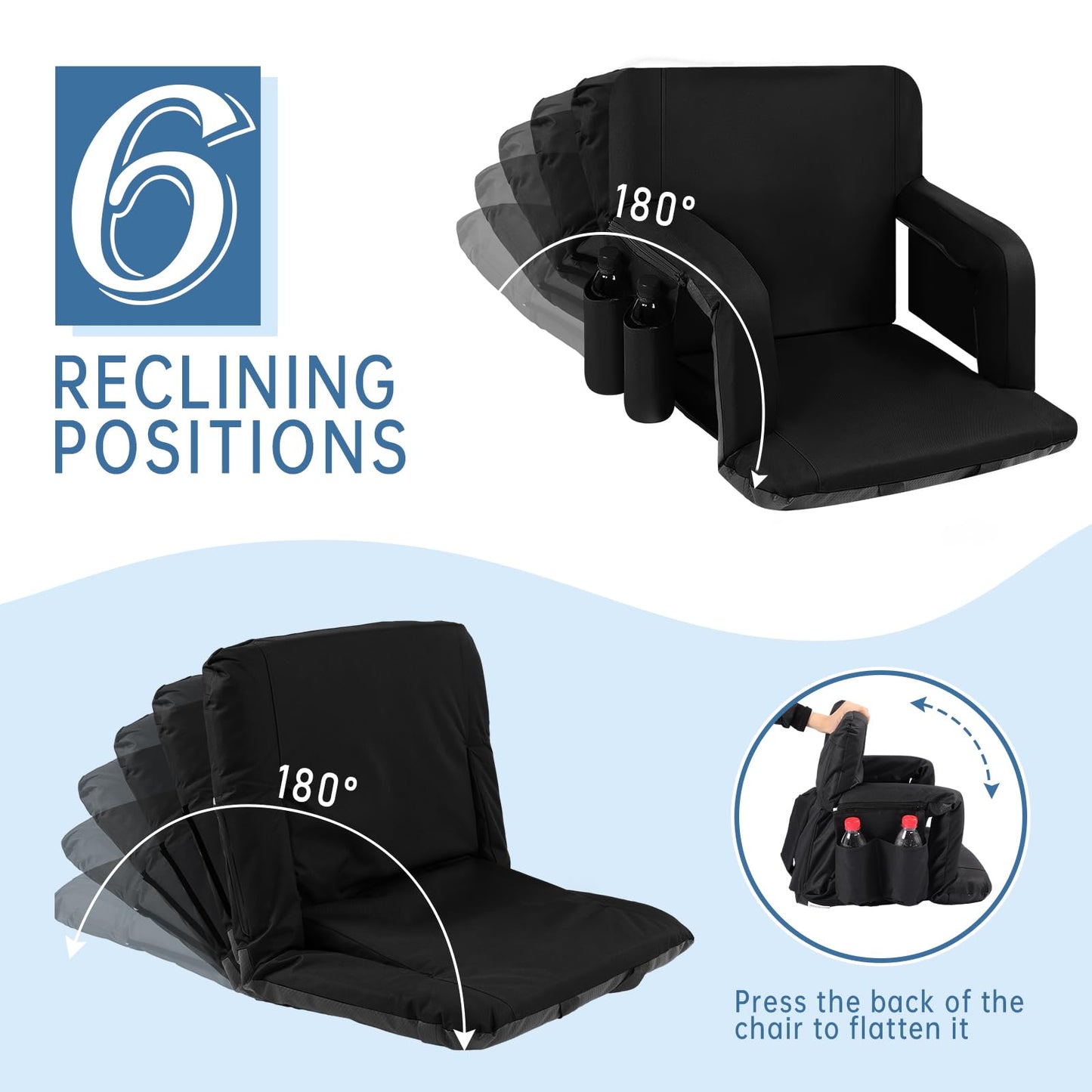 LING RONG 25 Inch Wide Stadium Seats 2 Pack, Bleacher Chairs with Back and Cushion, Reclining Bleacher Seat with Backrest, Stadium Chair Bleacher Cushion (Black)