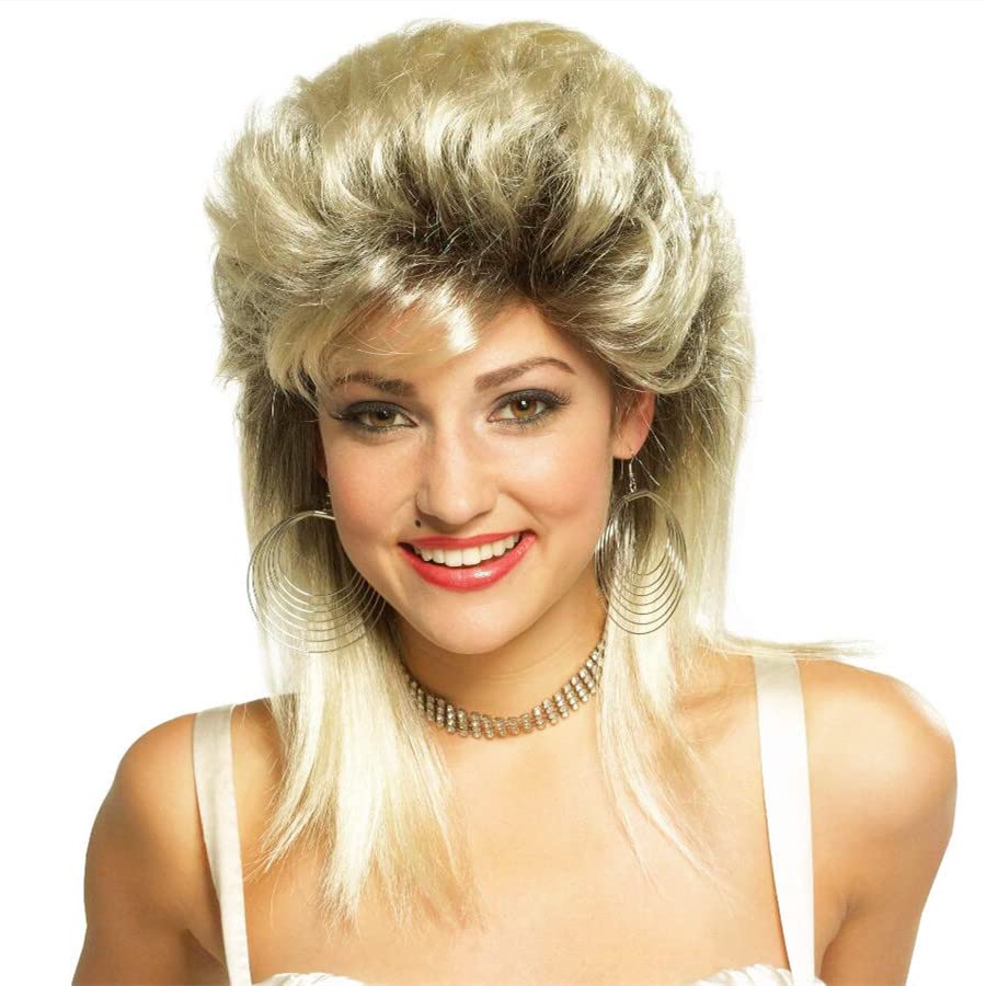 Swiking Mullet Wigs for Women Blonde Curly Soft Heat Resistant Shoulder Length Hair 80s Rocker Cosplay Dark Roots Synthetic Wigs (Blonde Mix Black)