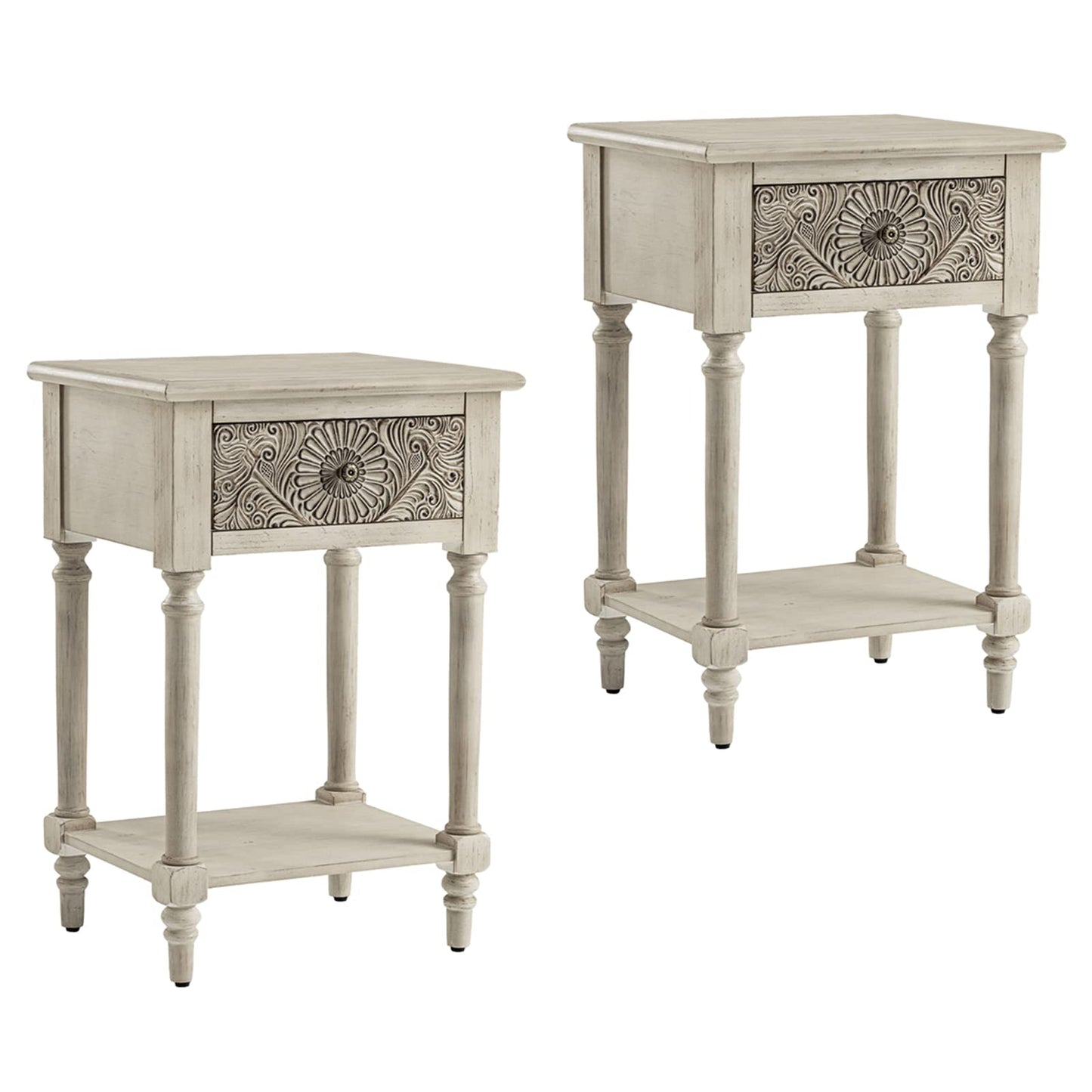 SUNBURY Vintage Nightstand Set of 2, Wood Small Bedside Table with Drawer and Open Shelf, Shabby Accent End Side Table for Living Room, Bedroom