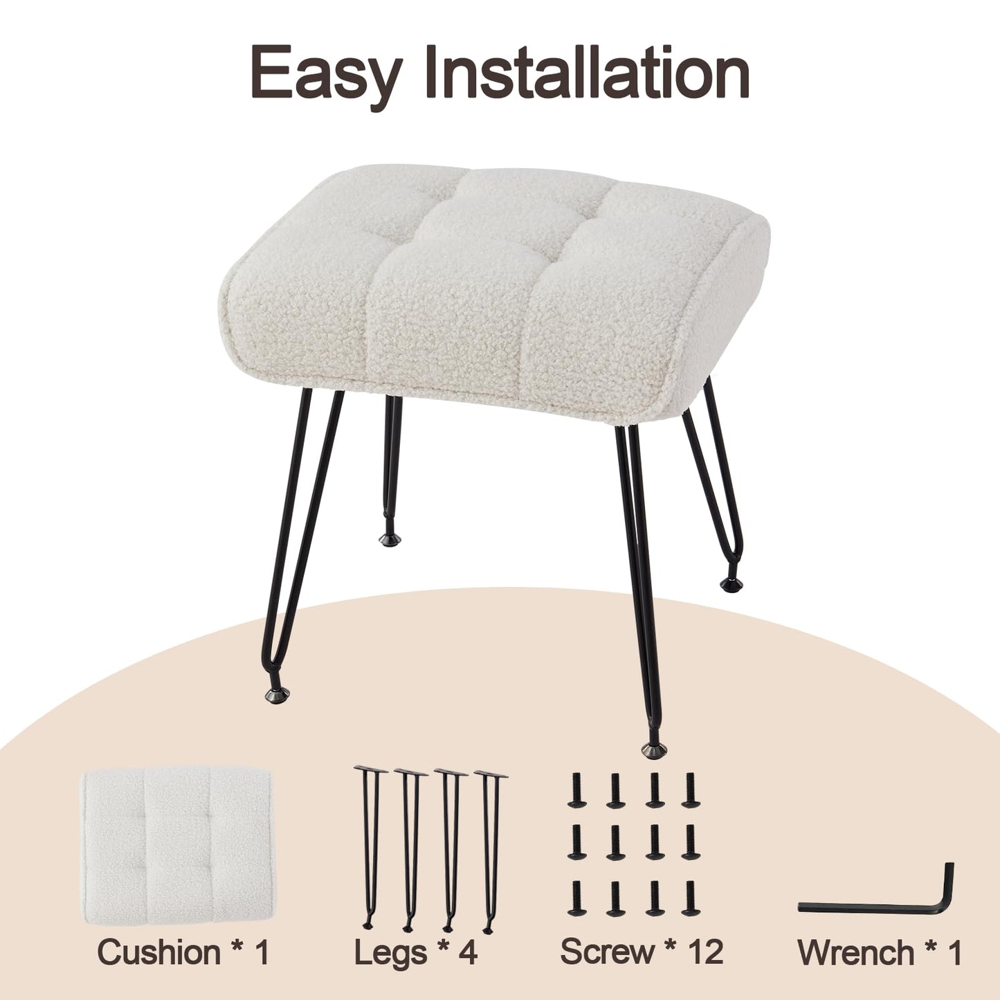 EBENCHICO Sherpa Vanity Stools, Teddy Fur Foot Stools Ottoman with Metal Leg Vanity Stool Chair with Padded Seating Make up Chairs for Small Bench Seat for Living Room Bedroom (Cream White)