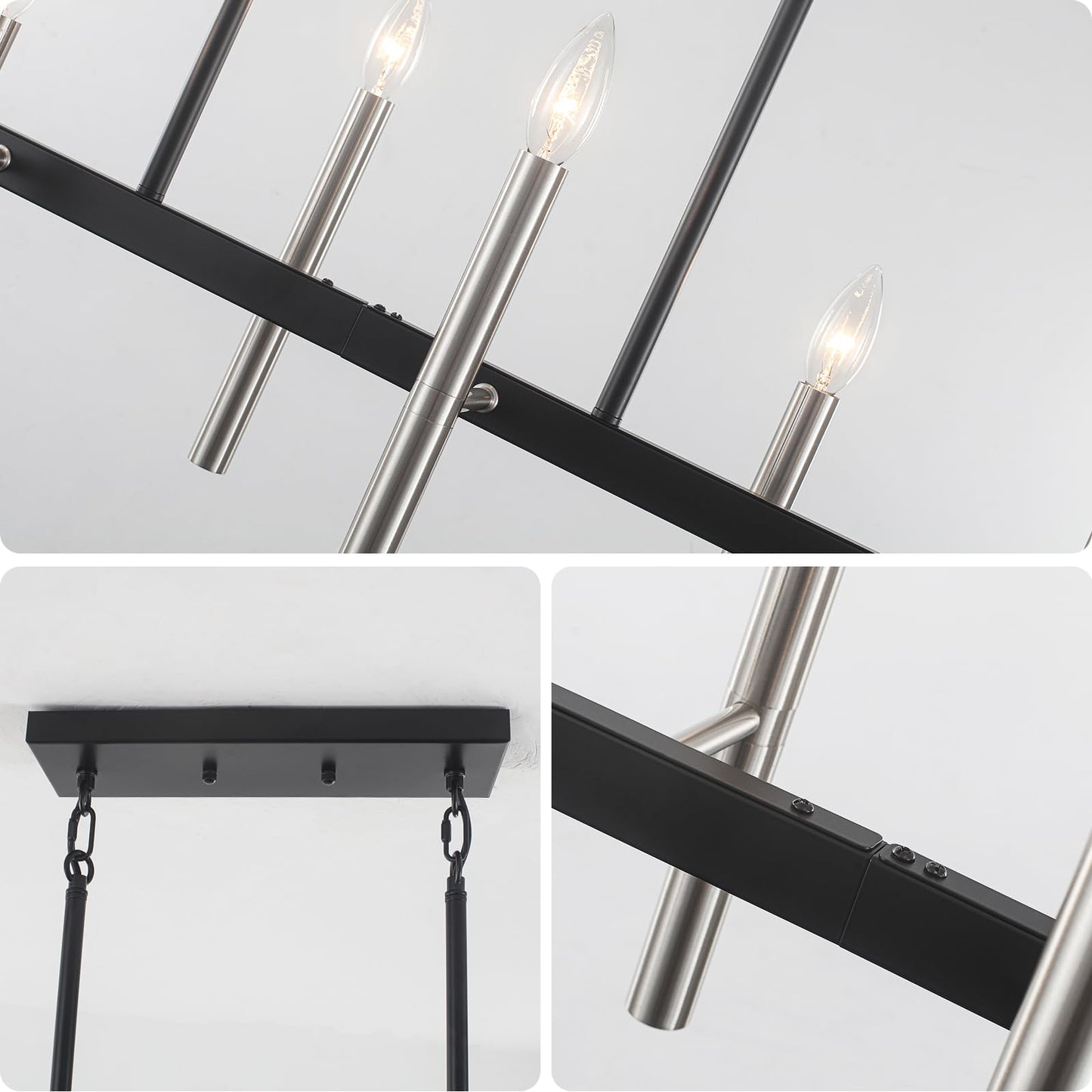 Modern Kitchen Island Pendant Light Fixtures 6-Light Black and Brushed Nickel Linear Chandeliers for Dining Room Chandelier Farmhouse Island Lights for Kitchen Table Living Room Bedroom Entryway
