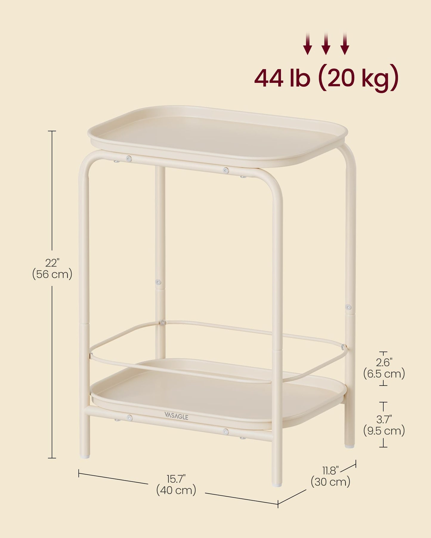 VASAGLE 2-Tier Outdoor Table, Small Side End Table with Tray Storage, Bedside Nightstand for Living Room, Bedroom, Modern Style, Cream White ULET243W01