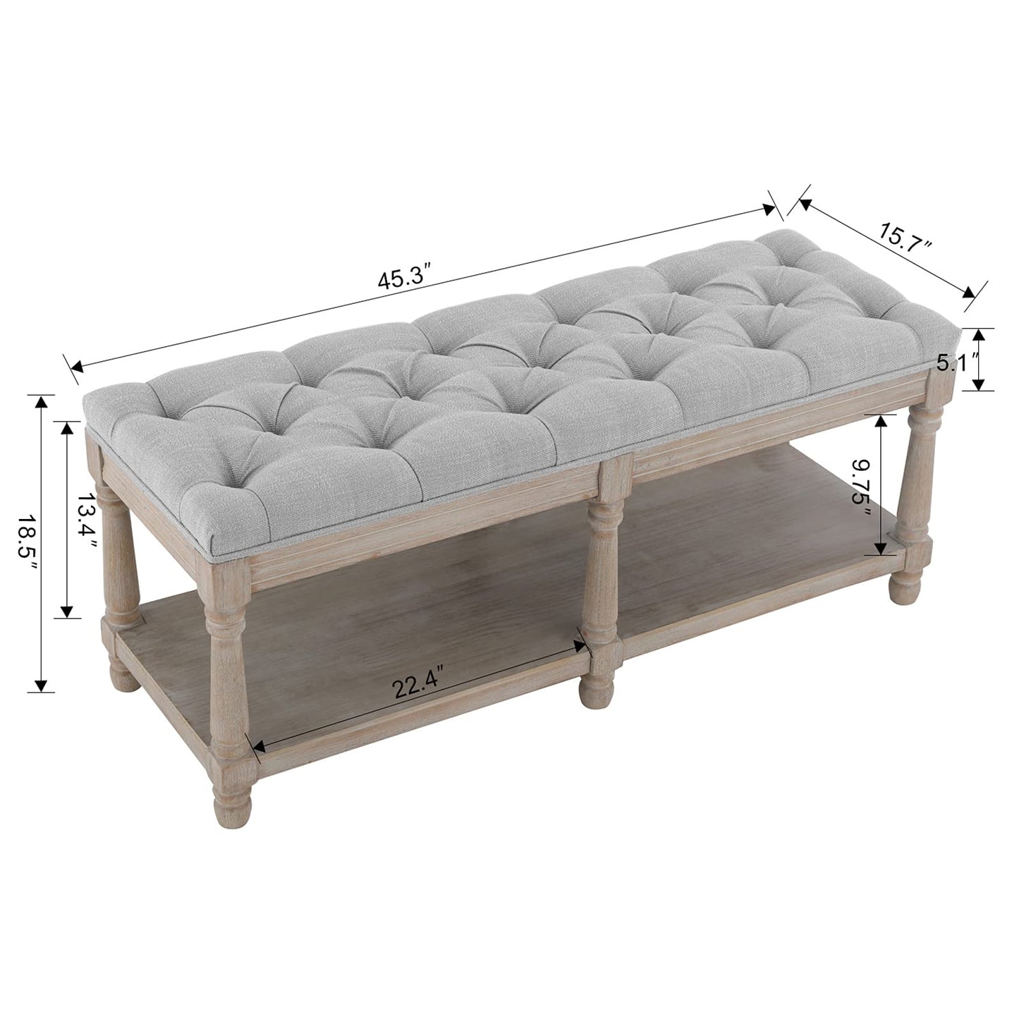Mid Century Tufted Storage Bench with Shelf, Linen Upholstered Farmhouse Entryway Shoe Bench Ottoman Bed End Stool with Padded Seat, Rustic Bench for Bedroom Living Room Dining Room, Grey