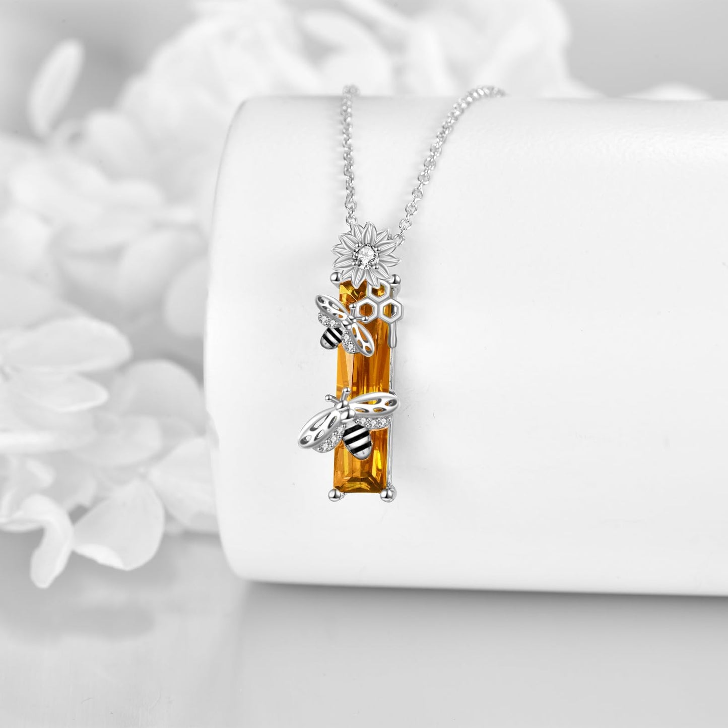Grmdit Bee Necklace S925 Sterling Silver Honeybee Pendant Necklace with Yellow Crystal Jewelry Gift for Women Bee Lover