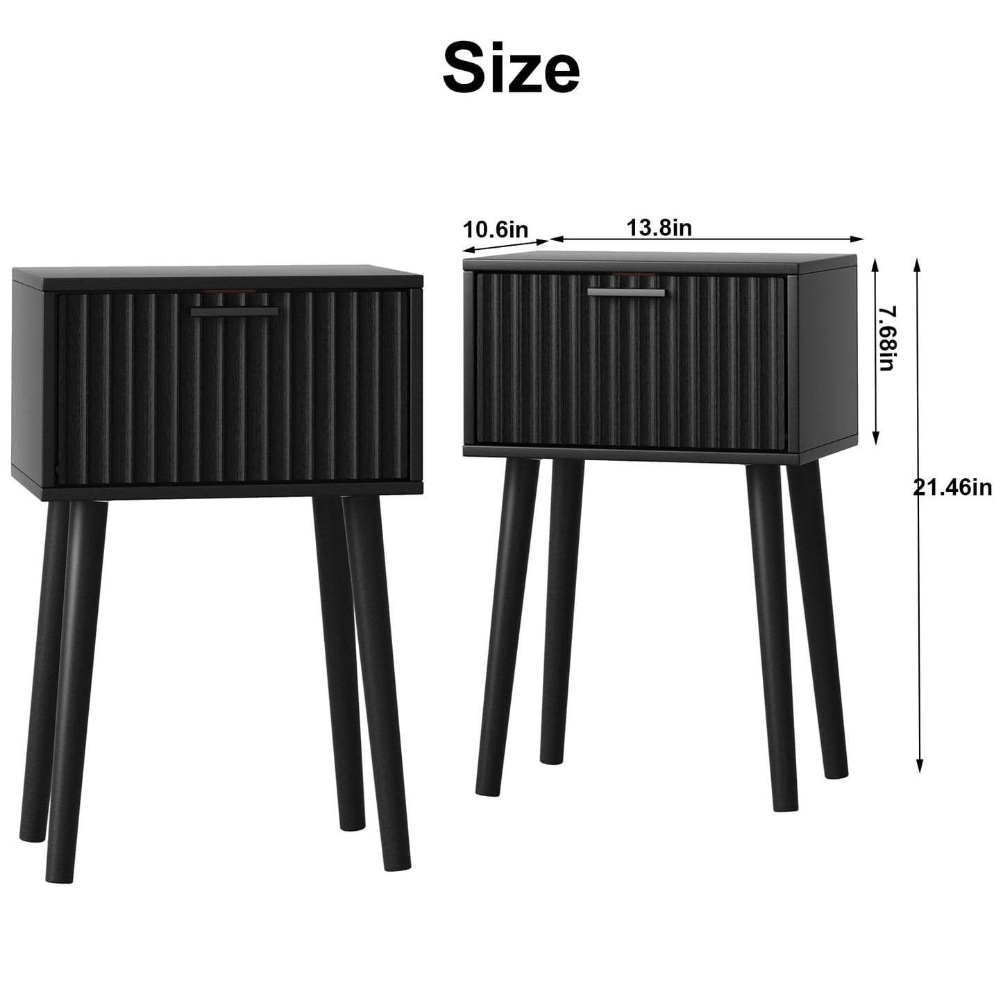 LAATOOREE Nightstands Set of 2, Small Side Table, Bedside Table with Fluted Door, Solid Wood Feet; Modern Mid-Century End Table for Bedroom, Small Space (Black)