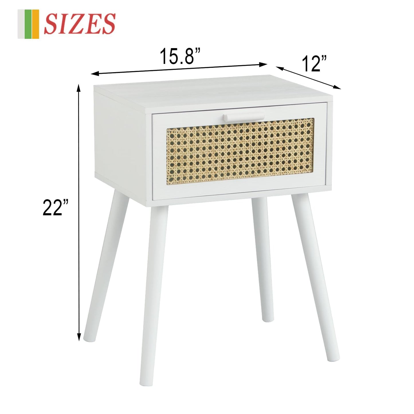 AWASEN White Rattan Nightstand, Modern Bedside Table with Rattan Drawer, End Table with Storage and Solid Wood Legs for Bedroom Living Room Small Space (White)