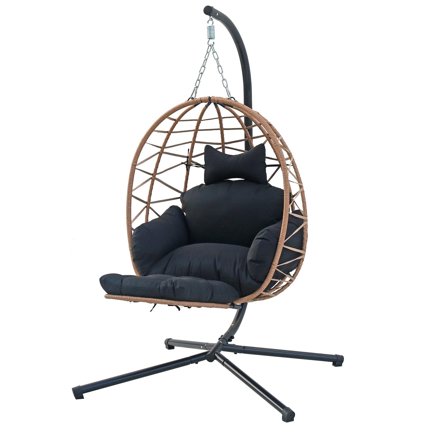 Hanging Egg Chair with Stand & Leg Rest,Rattan Wicker Swing Chair with Cushion, Patio Basket Hanging Chair Wicker Hammock Chair for Indoor Outdoor Bedroom Garden,300LBS (Yellow Rattan&Black Cushion)