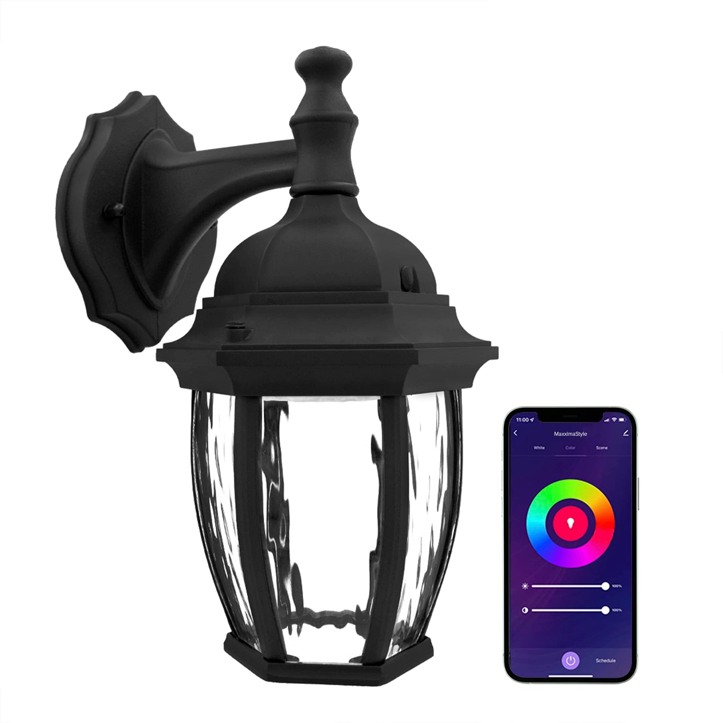 Maxxima Luvoni Smart WiFi LED Outdoor Wall Light, Black w/Clear Water Glass, App Controlled Porch Lantern, 850 Lumens, CCT 2700K - 6500K, Dimmable, Works with Google Home/Alexa