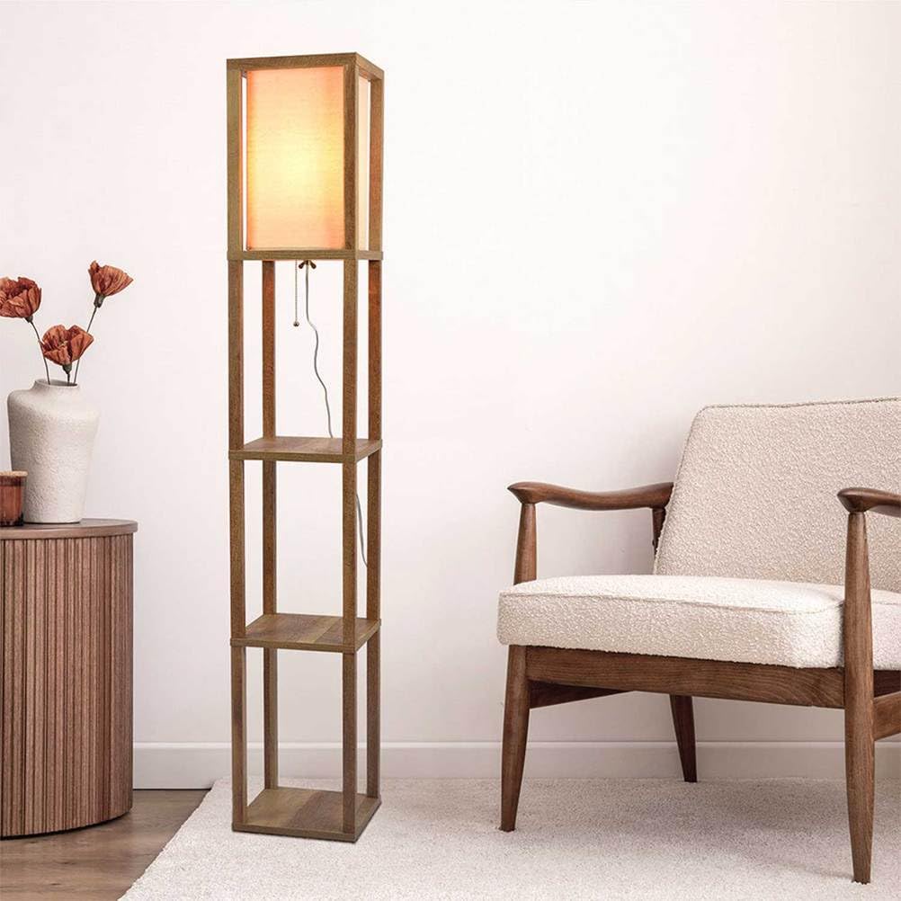 AMZSTAN 62" Floor Lamp with 3 Tier Shelves for Living Room, Wood Floor Lamps with Linen Shade, Corner Display Standing Column Storage Lamp for Farmhouse Bedroom