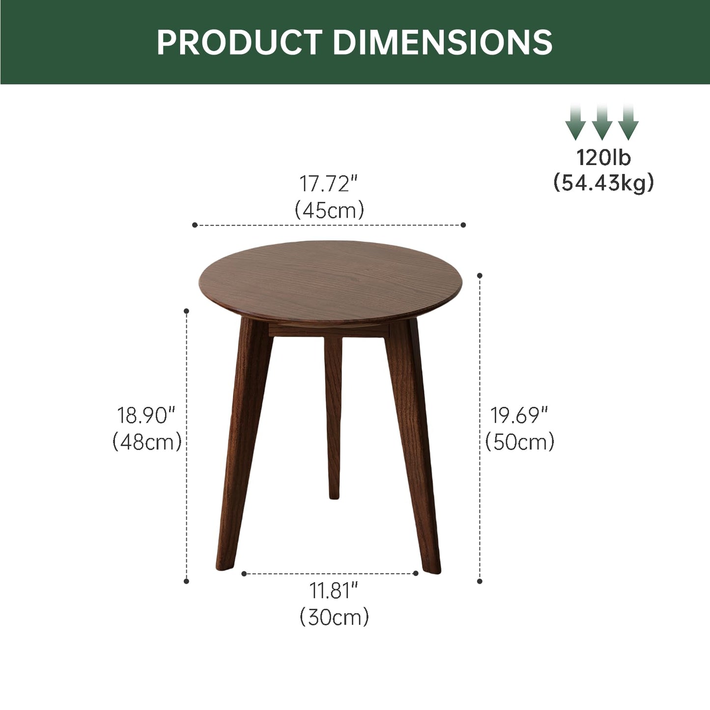 Vadisun 100% Solid Oak Round Side Table, Small Bedside Table for Small Spaces, Living Room End Table with Stable Frame, Modern Nightstand for Bedroom Couch, (Walnut, 17.71" D x 19.68" H)
