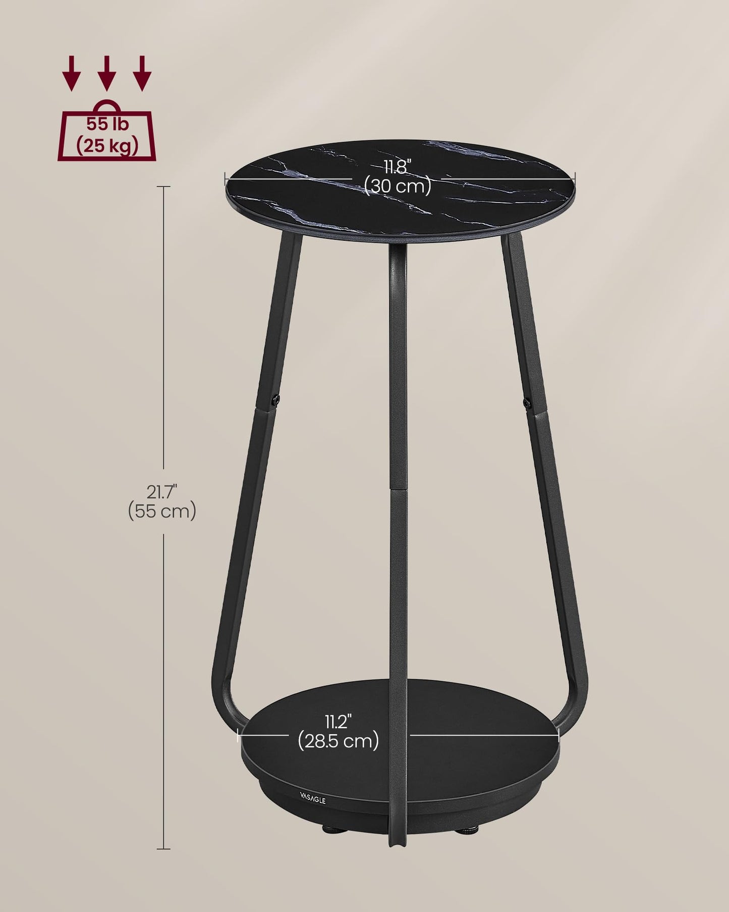 VASAGLE Round Side Table, 2-Tier Nightstand, End Table with Glass Top and Particleboard Shelf, Cocktail Table, for Living Room, Bedroom, Small Spaces, Modern Style, Marble Black ULET287B58
