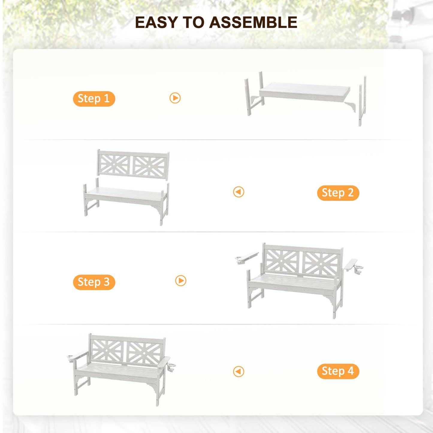 nalone Outdoor Bench with Cup Holders, HDPE All Weather Porch Bench Load up to 800 Lbs, 2-Person Garden Benches Rot-Proof Fade Proof for Patio, Porch, and Park (White)