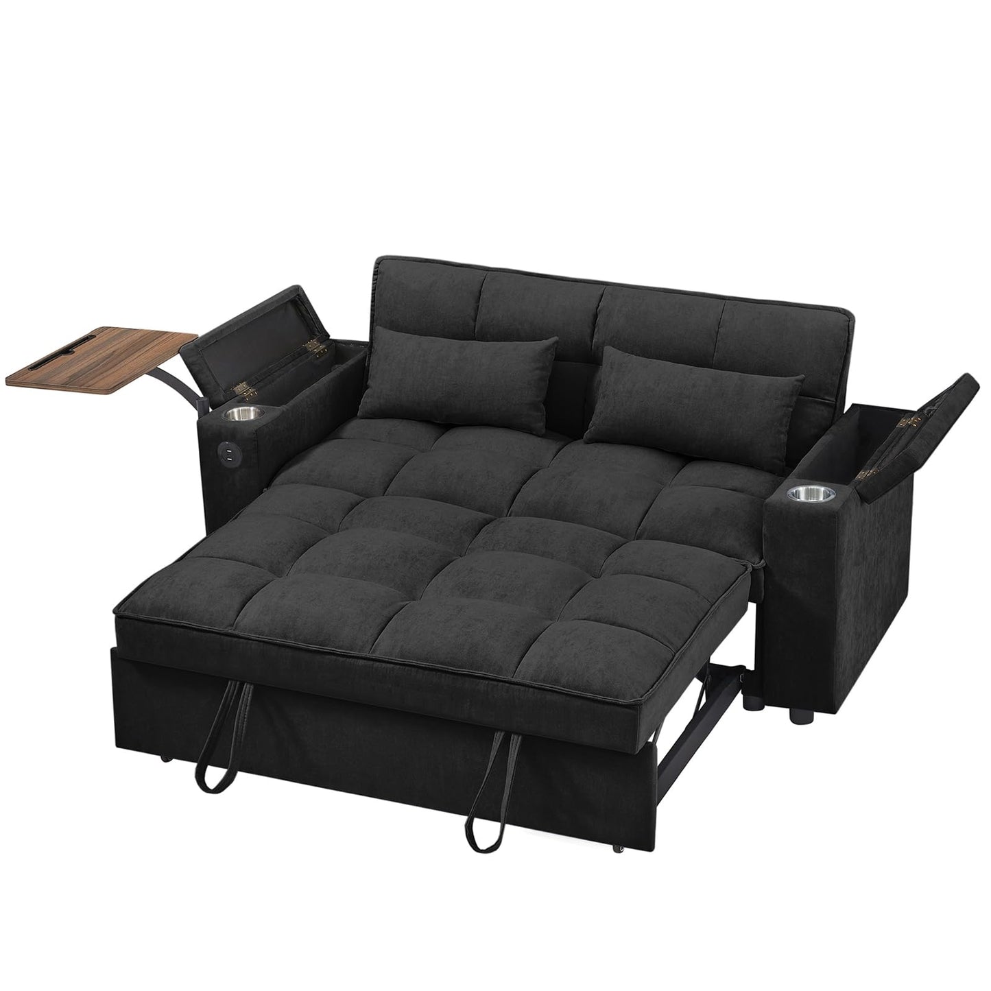 hansones 65'' 3-in-1 Folding Convertible Sofa Bed, Pullout Sofa, Modern Chenille Fabric, 360° Swivel Side Table, Easy Assembly, Perfect for Living Room, Black