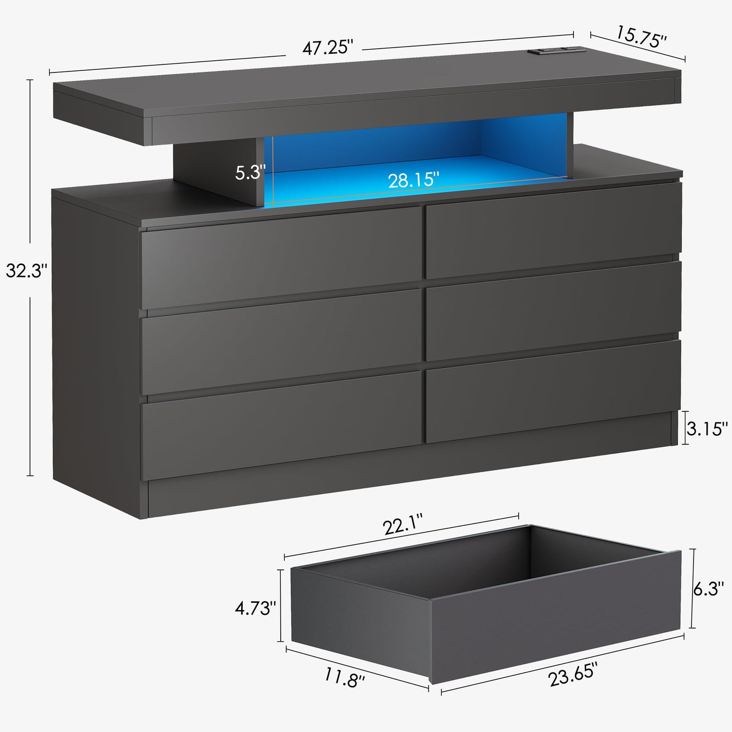 BEWISHOME Black Dresser for Bedroom with Charging Station and LED Lights, 6 Drawer Dresser Chests of Drawers, Wood Dressers for Closet, Modern Wide Dressers with Open Space, TV Stand, Black KCG02B