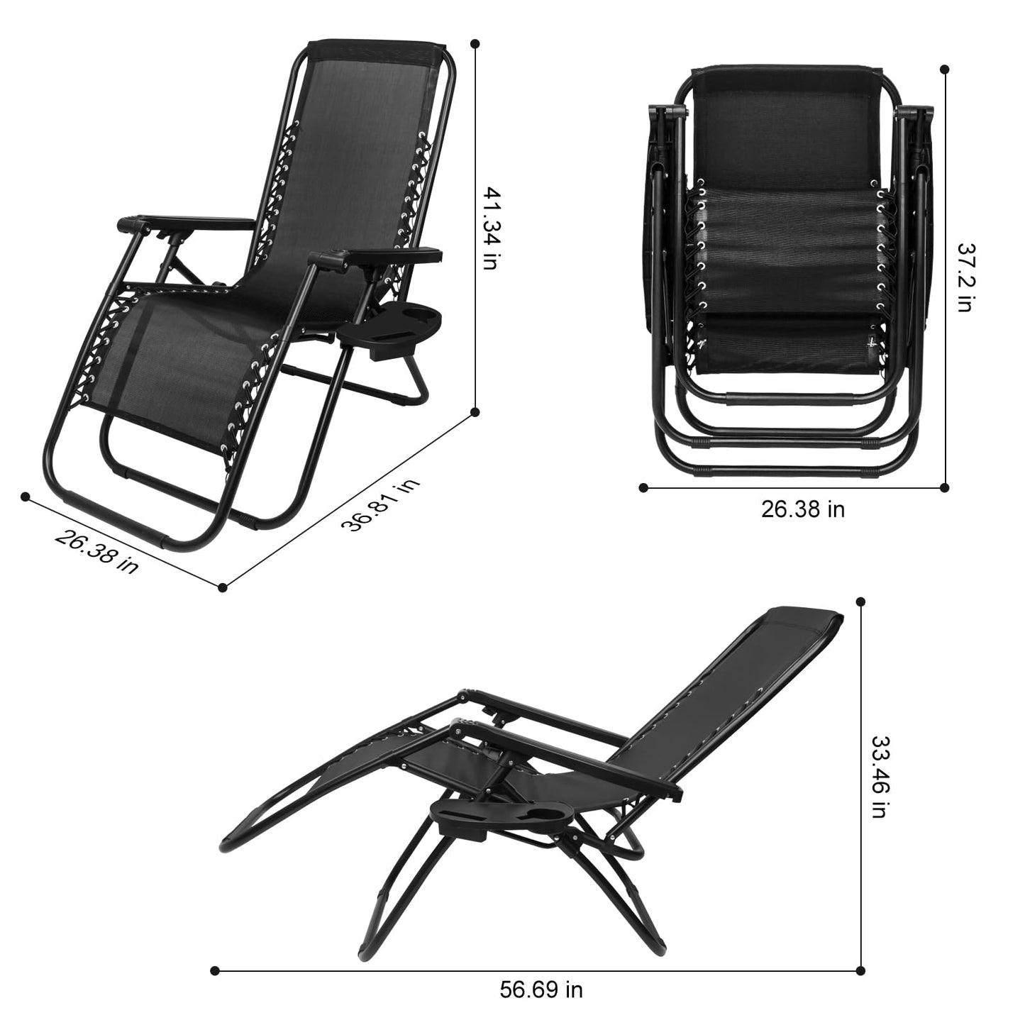 SZHLUX 1 PCS Adjustable Steel Mesh Zero Gravity Lounge Chair Recliners W/Pillows and Cup Holder Trays - Black