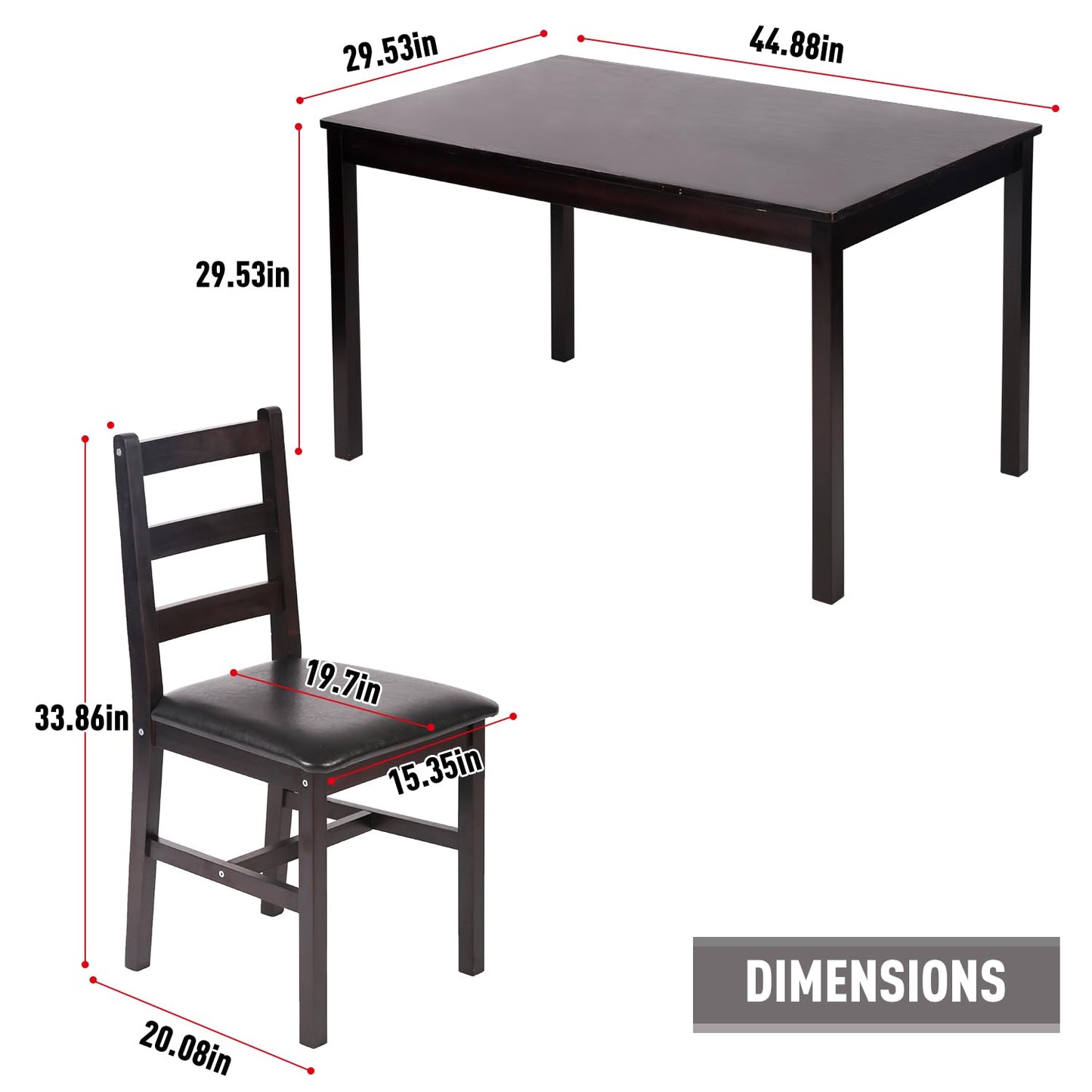 FDW | 5-Piece Solid Wood Dining Table Set for 4 | Pine Kitchen Table with Upholstered Chairs | Space-Saving Design | Smooth Easy-to-Clean Surface | Brown | for Dining Room, Apartment, Restaurant