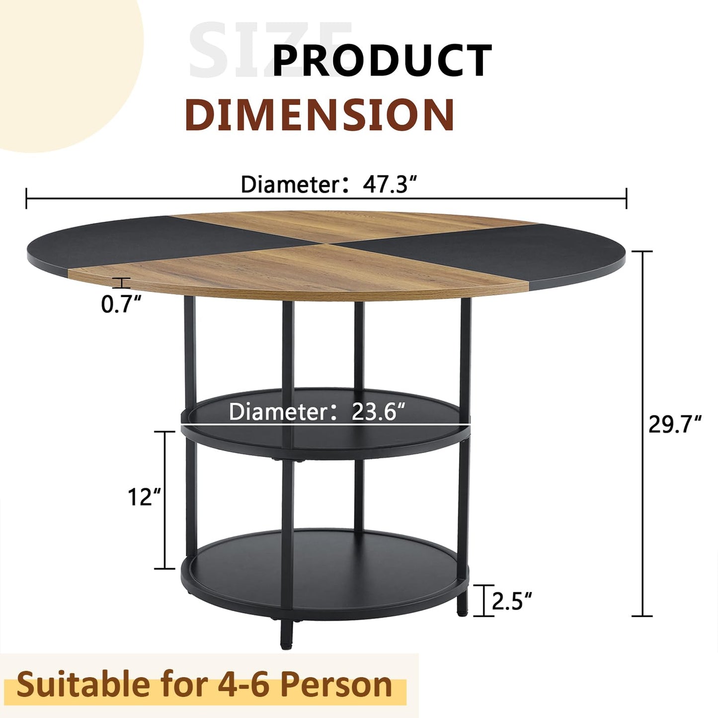 CLLASOU Round Dining Table for 4-6, Dining Room Table with Storage Shelf, Modern Wood Dinner Table with Metal Support for Dining Room, Living Room, Kitchen, Black & Rustic