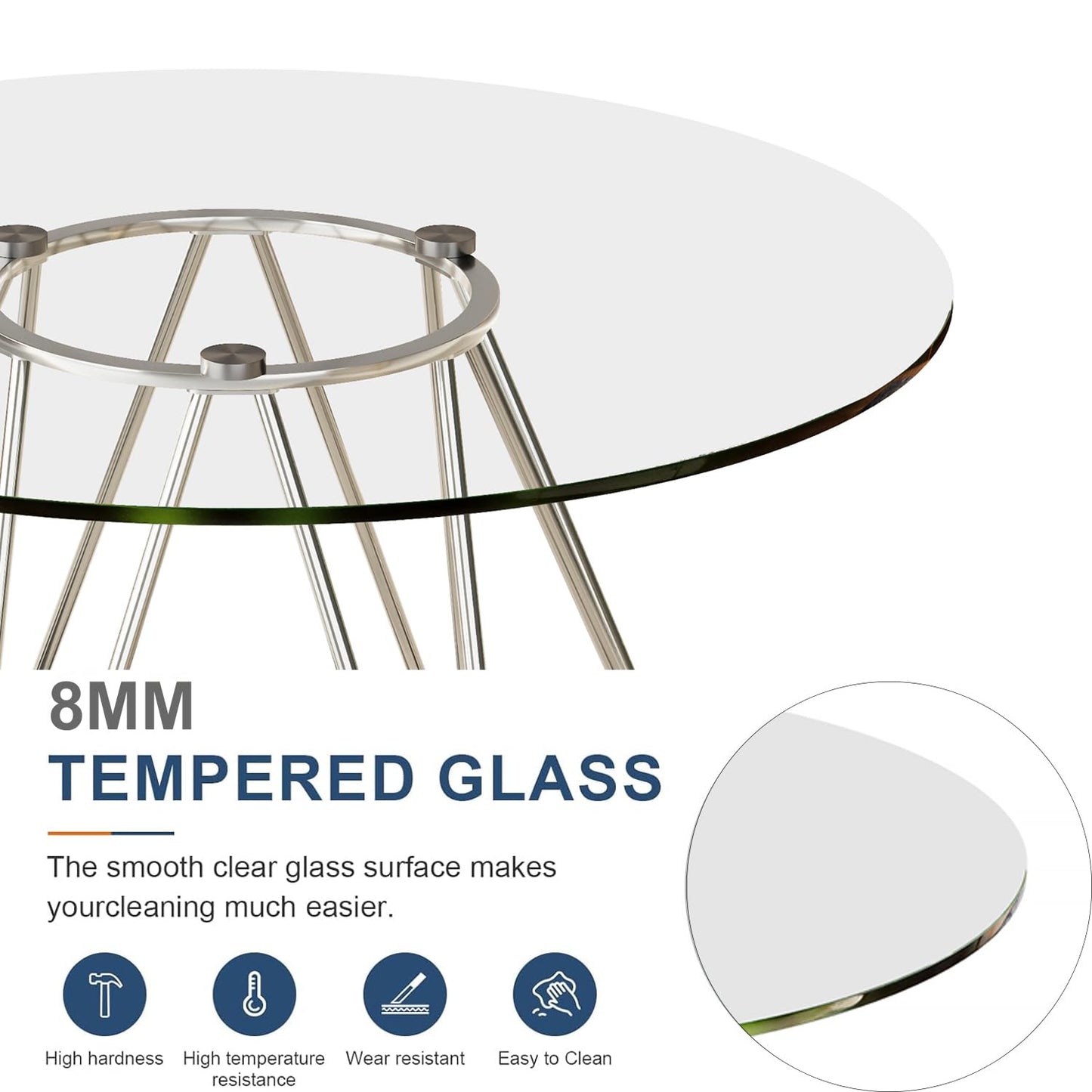 LVB 31.5” Round Glass Coffee Table, Modern Living Room Table with Hexagonal Silver Metal Frame, Small Contemporary Center Table for Bedroom, Office，31.5Inch