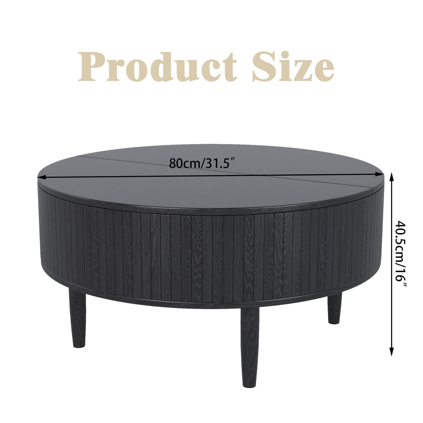 Round Fluted Lift Top Coffee Table with Storage, Mid Century Modern Coffee Table for Living Room, Home Small Space,31.5" Fluted Center Table (Black, 31.5inch)