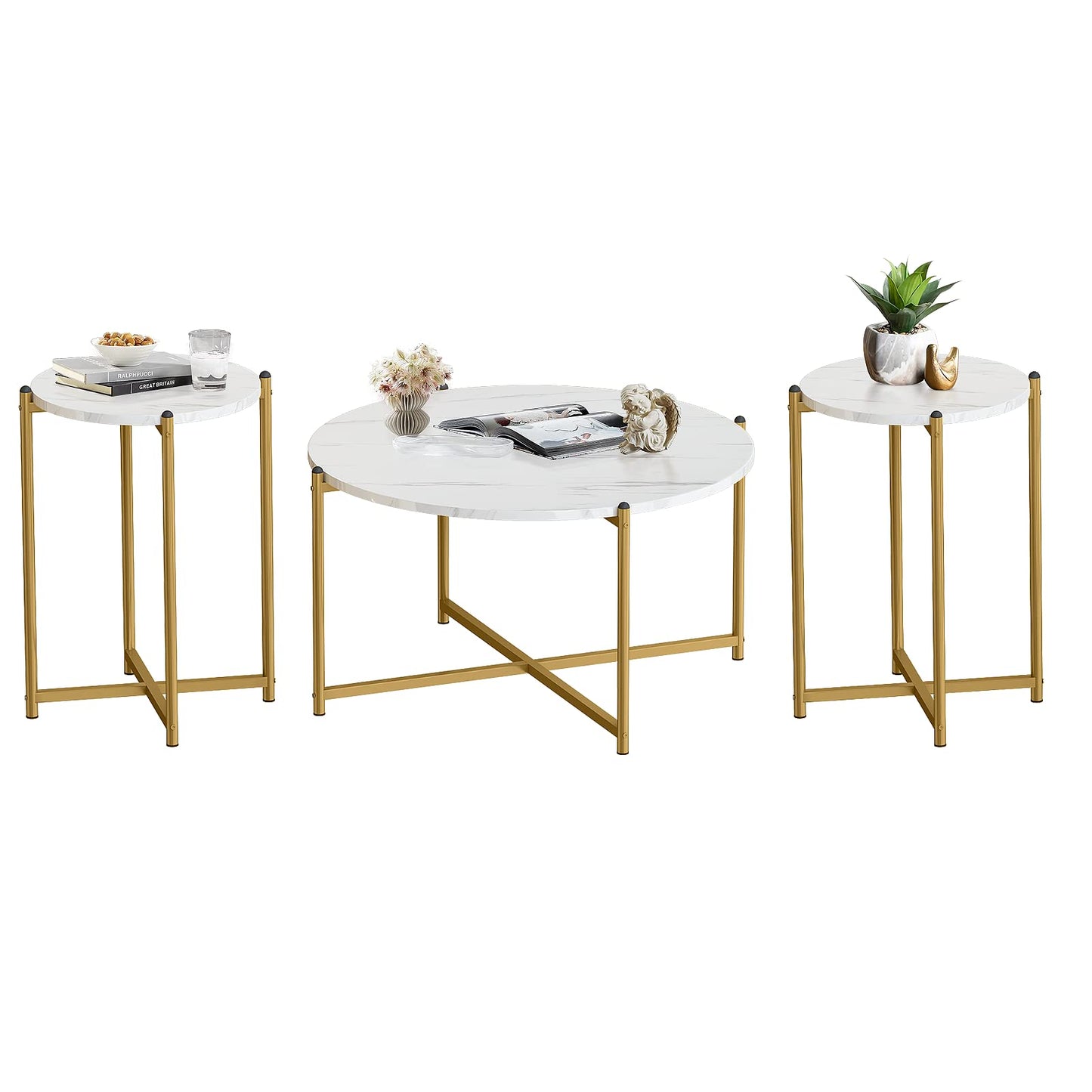 Lamerge Coffee Table Set of 3,Modern Faux Marble Top with Golden Frame,1 Coffee Table & 2 Accent Table, Living Room Table Set, for Apartment,Office and So on,White & Gold (LCTR-W)