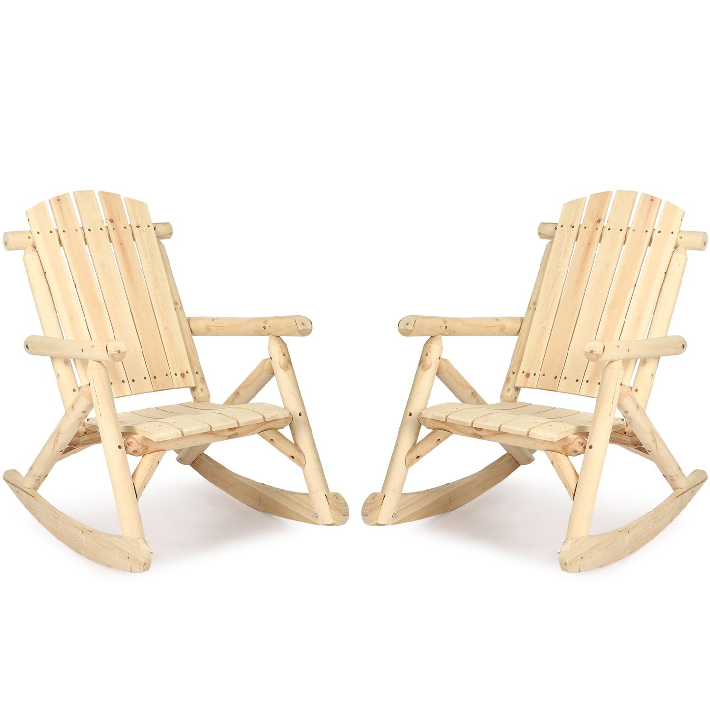 HOMEDIARY Wooden Adirondack Rocking Chair, Patio Log Rocker Outdoor Lounge Chair with Slatted Wooden Design, High Fanned Back & Classic Rustic Style for Garden Patio Backyard Porch (Set of 2, Natural)