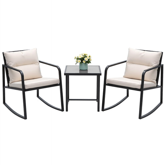 Devoko 3 Piece Rocking Bistro Set Wicker Patio Outdoor Furniture Porch Chairs Conversation Sets with Glass Coffee Table (Beige)