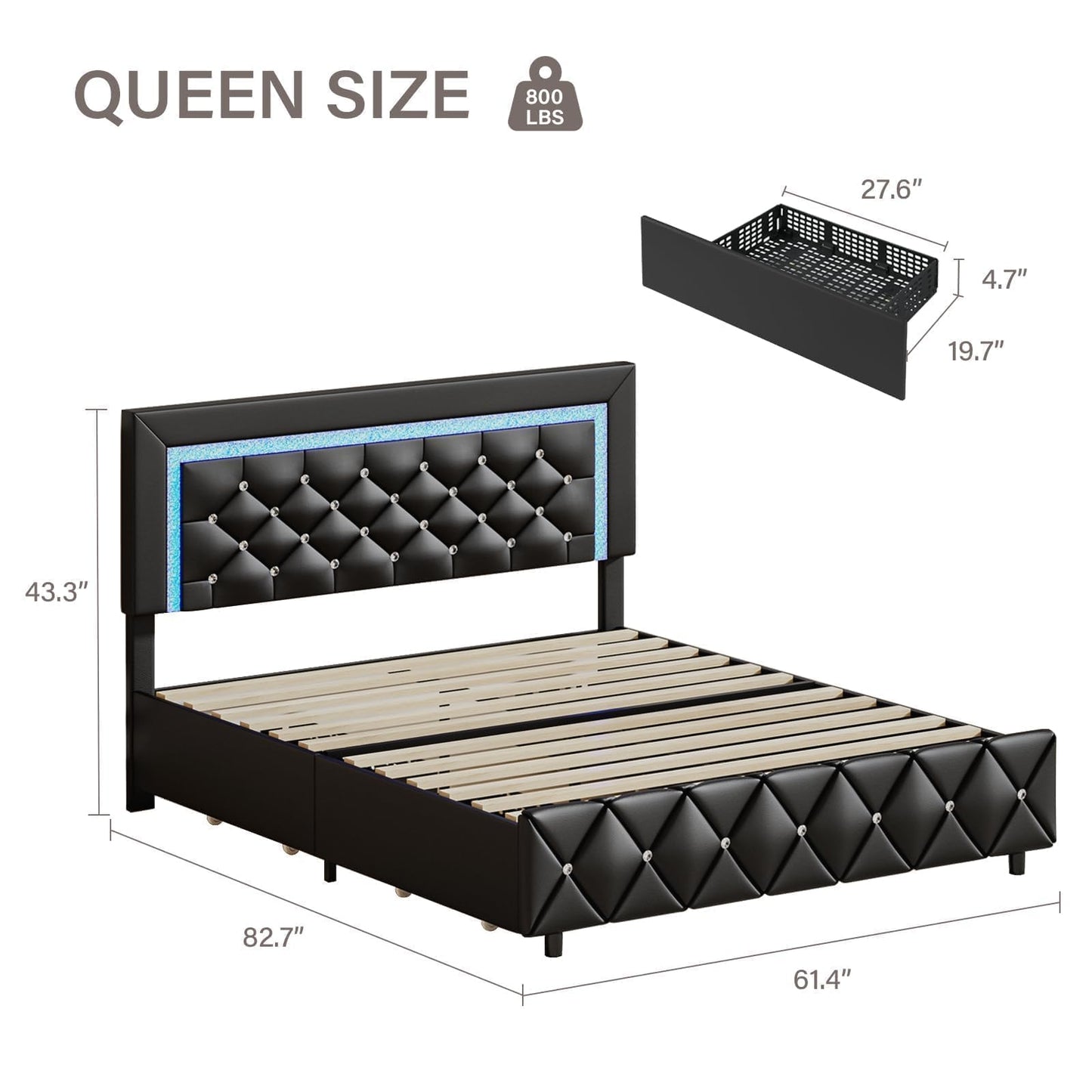 Queen Bed Frame with LED Lights, Upholstered Bed Frame with Storage Drawers, Modern Platform Bed with Diamond Headboard and Footboard, No Box Spring Needed, Black