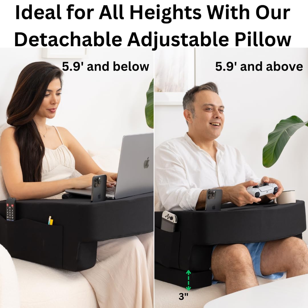 TabCouchCaddy Reading Pillow for Gaming – Extra Large Lap Desk & Arm Rest with Cup & Phone Holder, Adjustable Heights, Laptop Support, Large Pockets – Comfortable for Work, Gaming & Crocheting (Black)