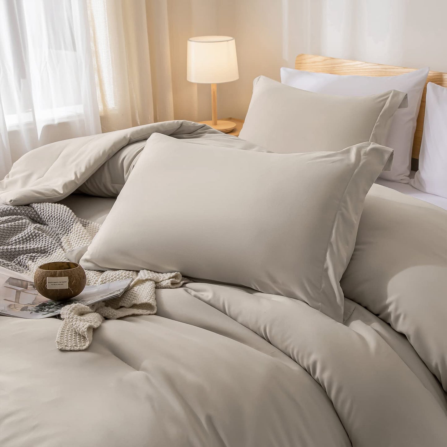 weigelia Queen Comforter Set 7 Pieces Oatmeal Comforters Queen Size Soft Fluffy Bedding Comforter Set with Fitted Sheets, Flat Sheets, Pillow Shams, and Pillowcases