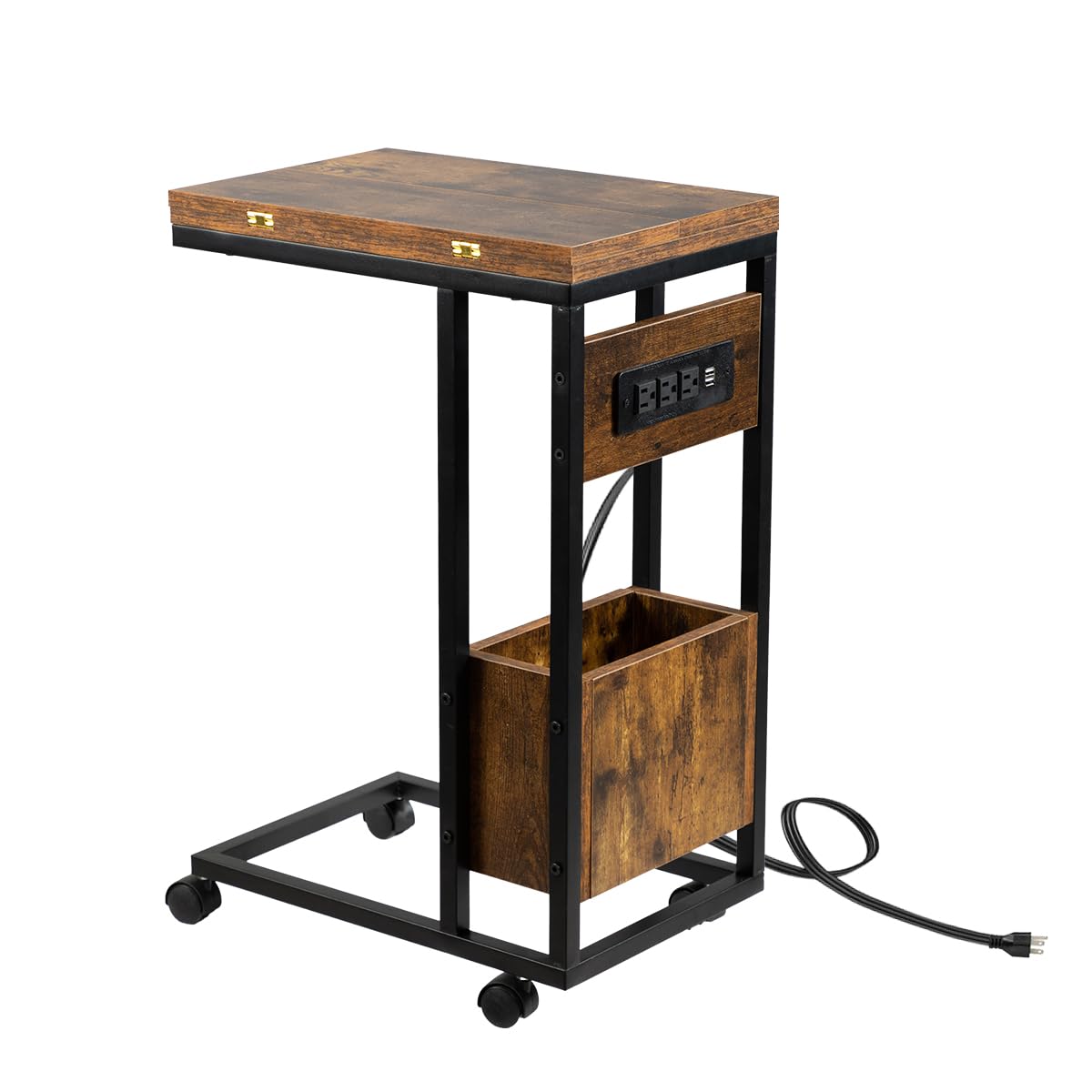 Hadulcet C Shaped End Table with Charging Station & Foldable Tabletop, Folding TV Tray Table with Storage, Rolling TV Trays, C Table for Sofa, Living Room Bedroom Small Spaces, Rustic Brown
