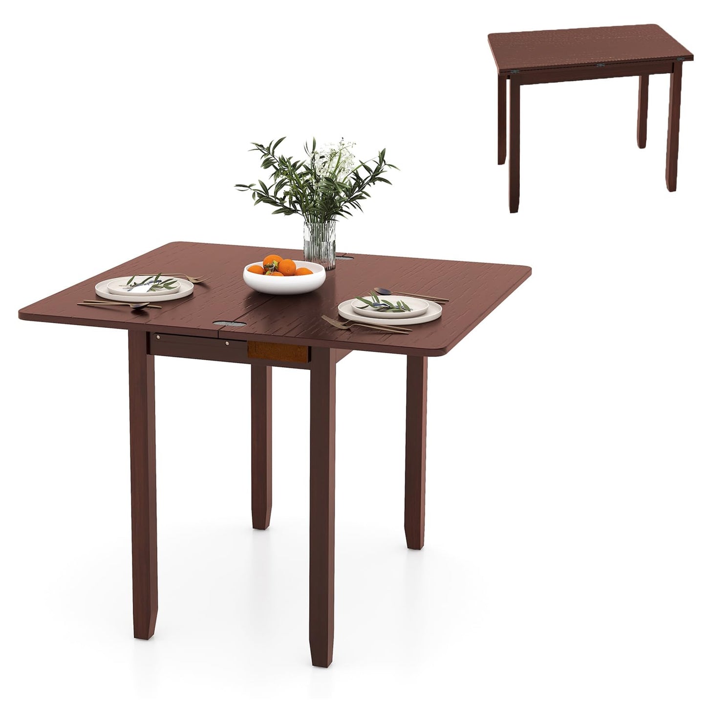 Tangkula 40" Foldable Dining Table, Kitchen Table w/Solid Rubber Wood Legs, Dual Drop Leaf Design, Farmhouse Diner Table for 2-4 People, Dining Room, Living Room, Restaurant (Rectangle)