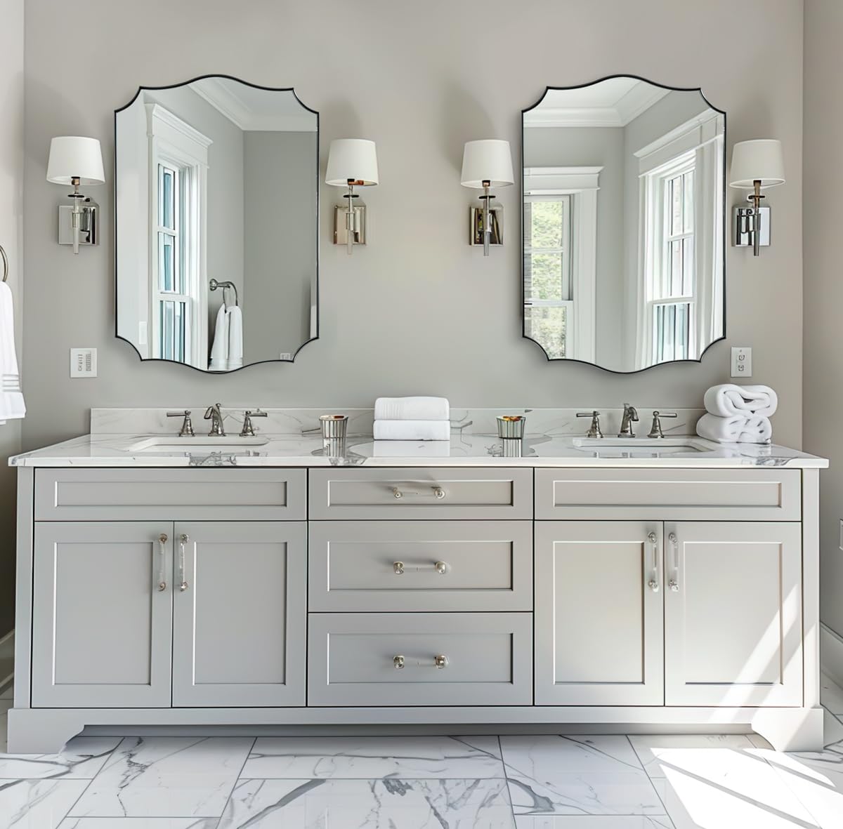 ANDY STAR Chrome Mirror 24x36, Polished Silver Bathroom Mirror, Modern Wavy Mirror with Sophisticated Curved Design, SUS304 Anti-Rust, 1’’ Deep Wall-Mounted Vertically/Horizontally
