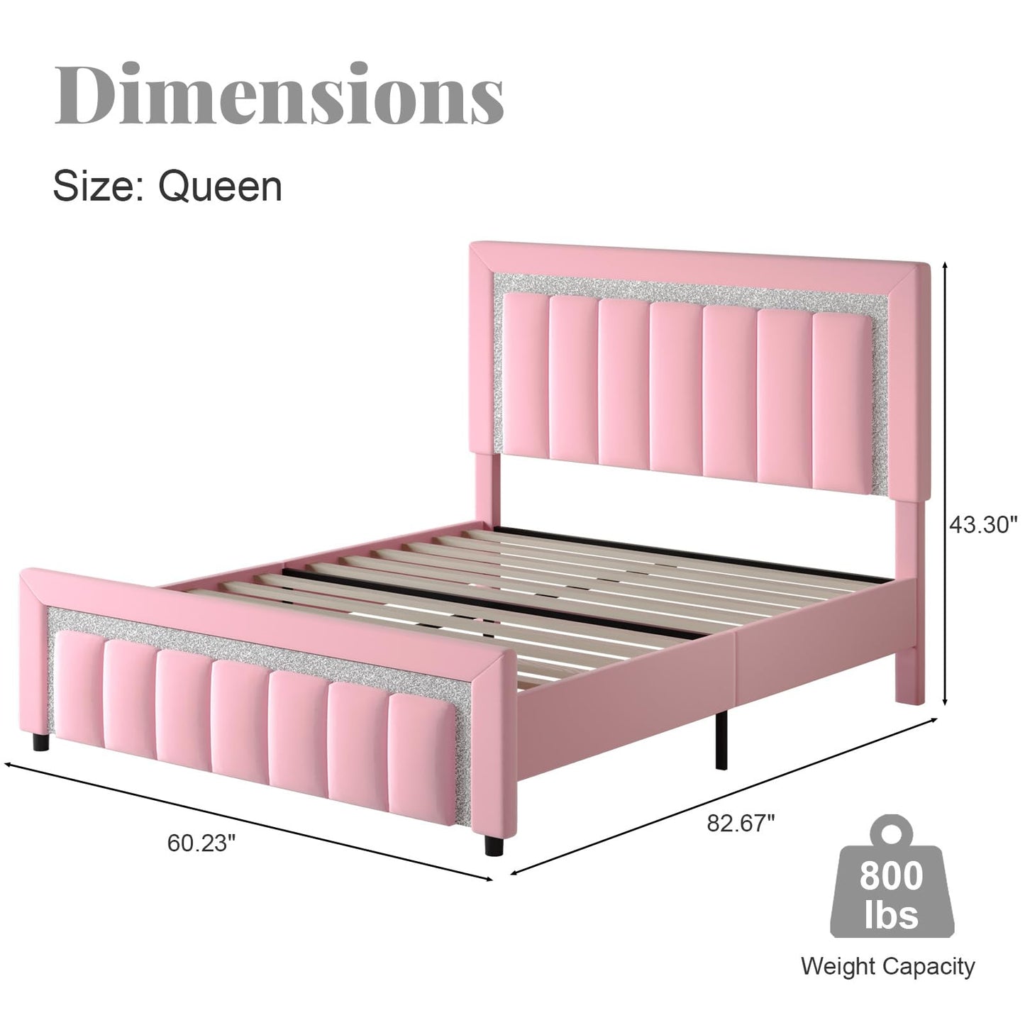 HOMBCK Queen Bed Frame, Upholstered Bed Frame with Diamond Headboard, Modern Queen Size Bed with Wooden Slats Support, Mattress Foundation, No Box Spring Needed, Easy Assembly, Pink