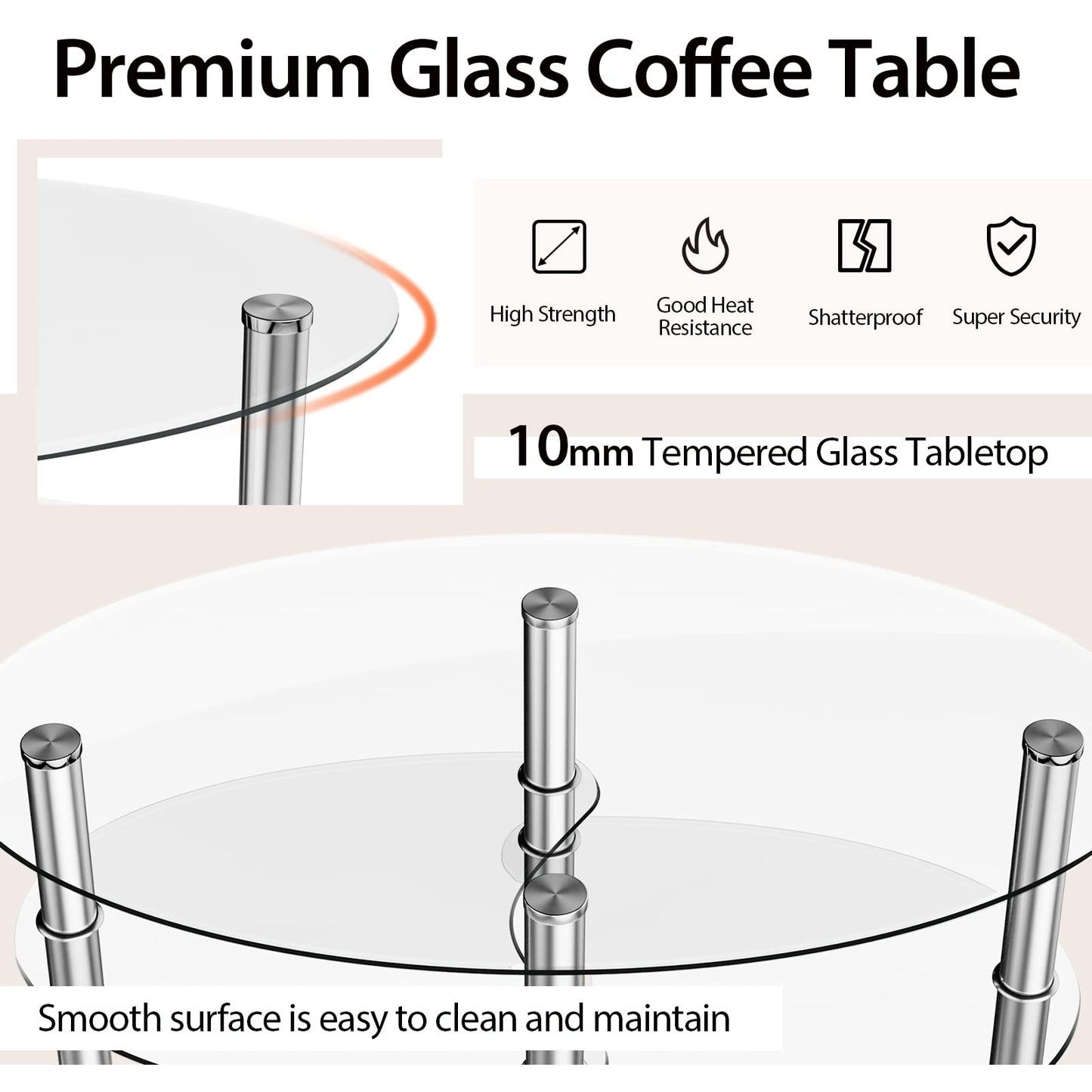 S AFSTAR Glass Coffee Table, Modern Style Glass Shelves with Steel Legs for Living Room, Cocktail Tea Table (Clear Glass)