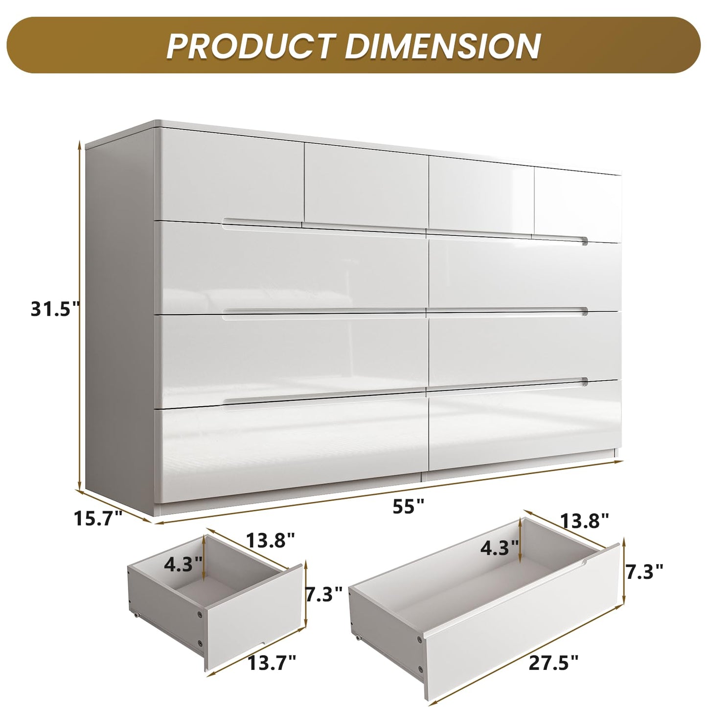 ZORPLIX 10 Drawer White Dresser for Bedroom, 55" Long Dresser Chest of Drawers,Large High Gloss Modern Storage Cabinet with Big Drawers Handle Free,Living Room, Entryway, Hallway
