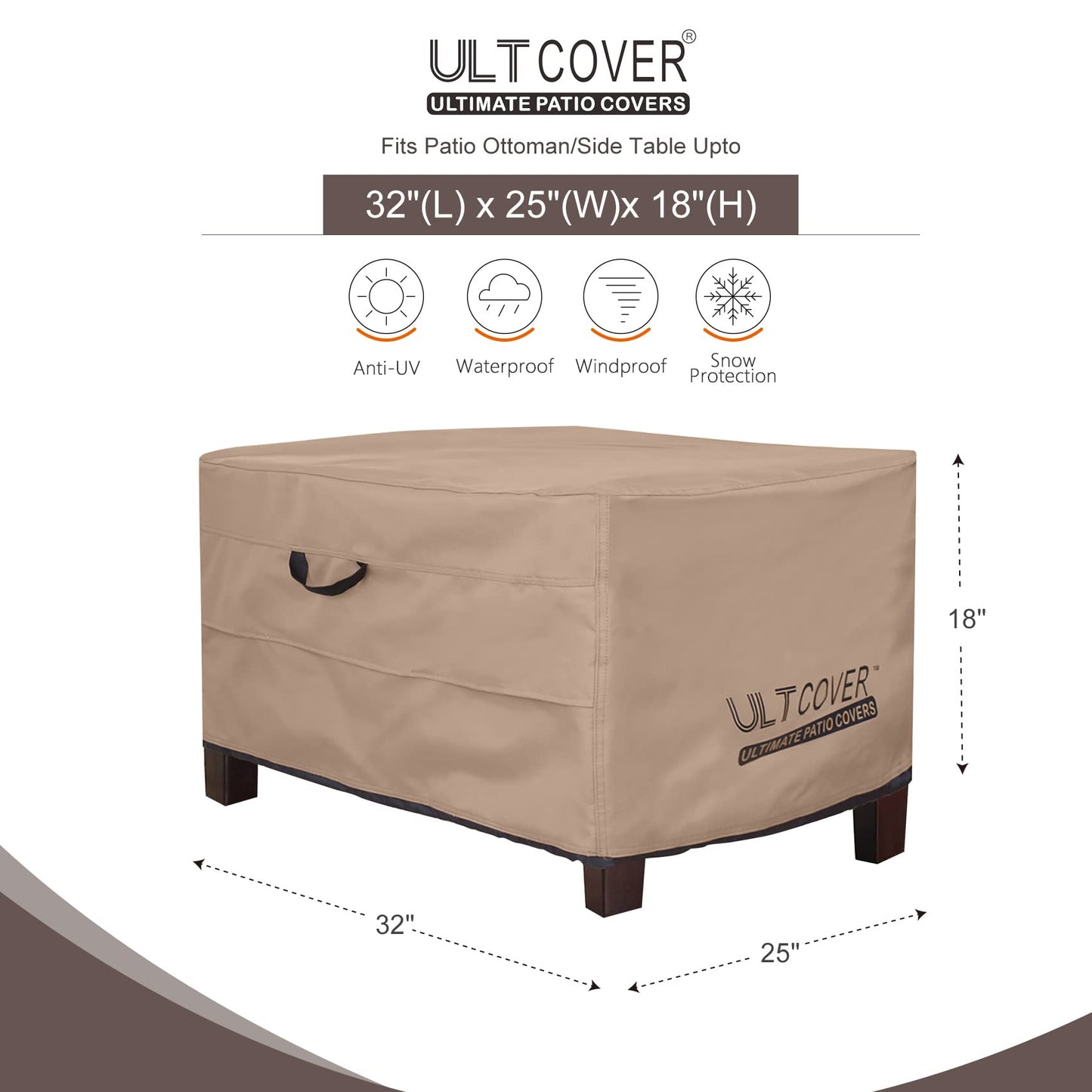 ULTCOVER Waterproof Patio Ottoman Cover Rectangular Outdoor Side Table Furniture Covers Size 32L x 25W x 18H inch