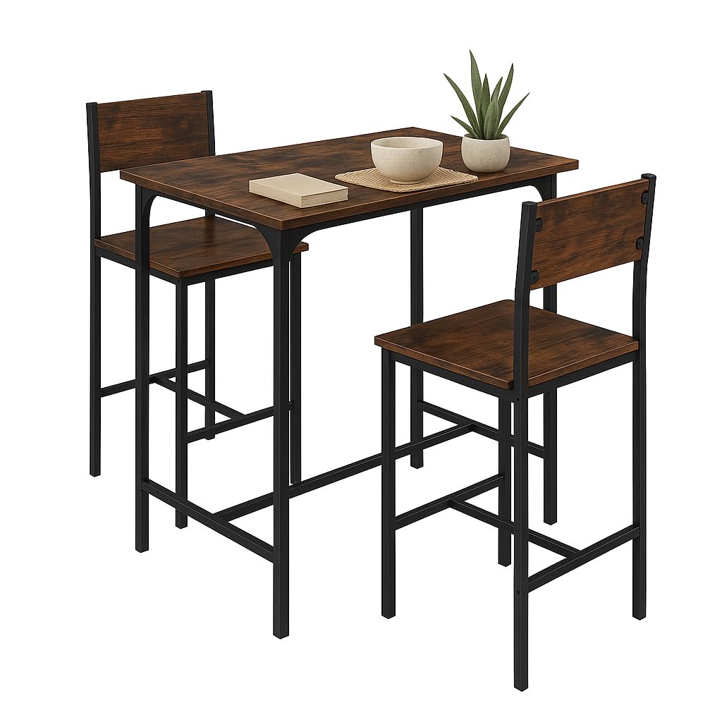 Tangkula 3 Piece Counter Height Bar Table Set, Pub Table and Chairs Set of 2, High Top Console Table with Stools for 2, Space-Saving Dinette Set for Breakfast Nook (Rustic Brown)