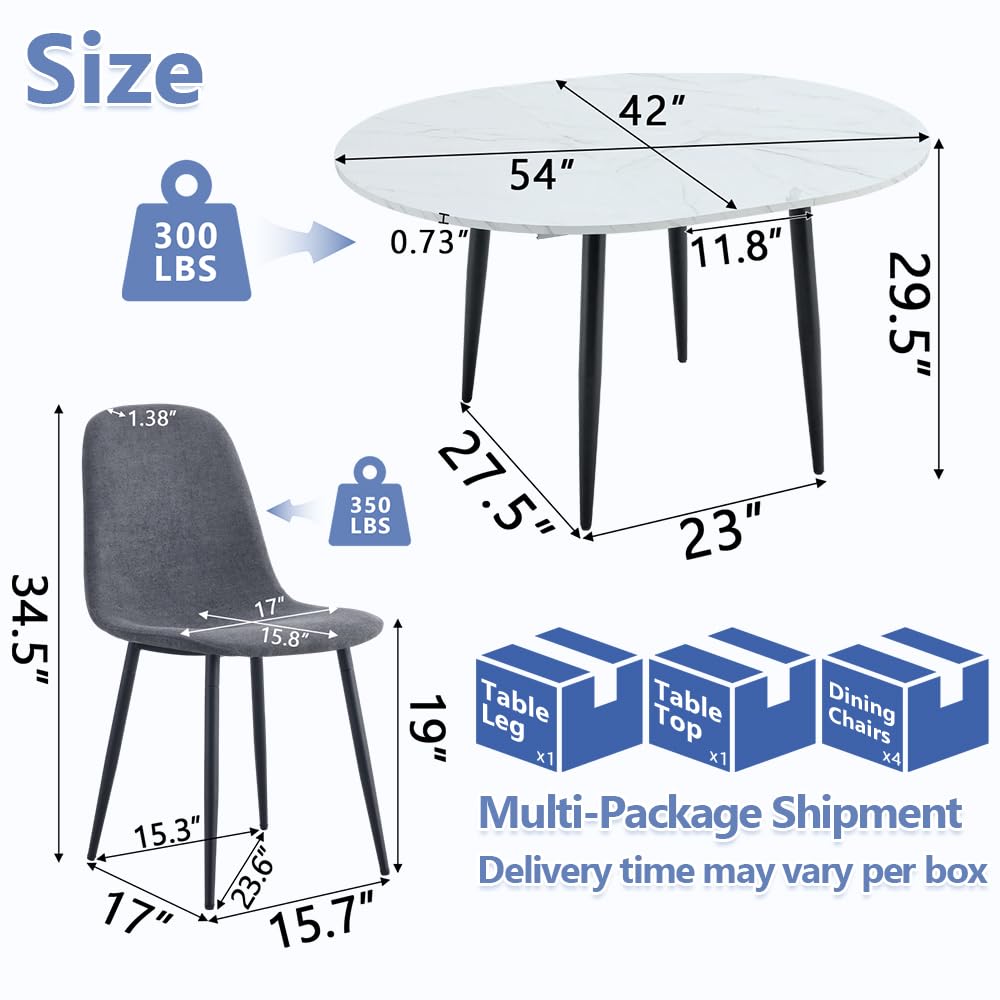 FURNITO Round Dining Table Set for 4, 42"-54" Extendable Dining Room Table Set for 4, White Kitchen Table and Upholstered Chairs Set of 4, 5 Piece Dining Table Set for Small Spaces, Easy Assembly