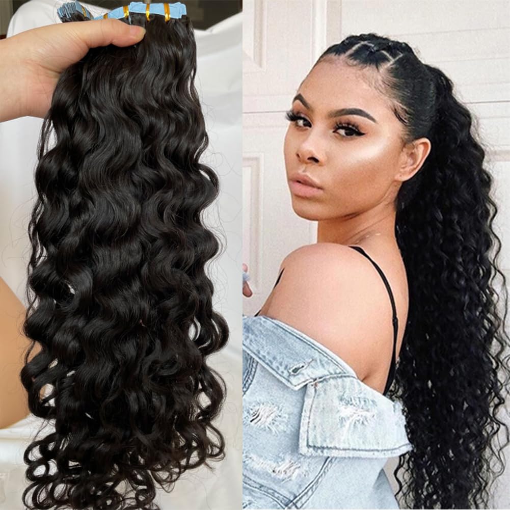 Tape in Hair Extensions Natural Wavy Real Human Hair 20inch Nautural Black Water Wave Brazilian Remy Human Hair Natural Color Tape on Human Hair Extensions 40pcs 100g #1B