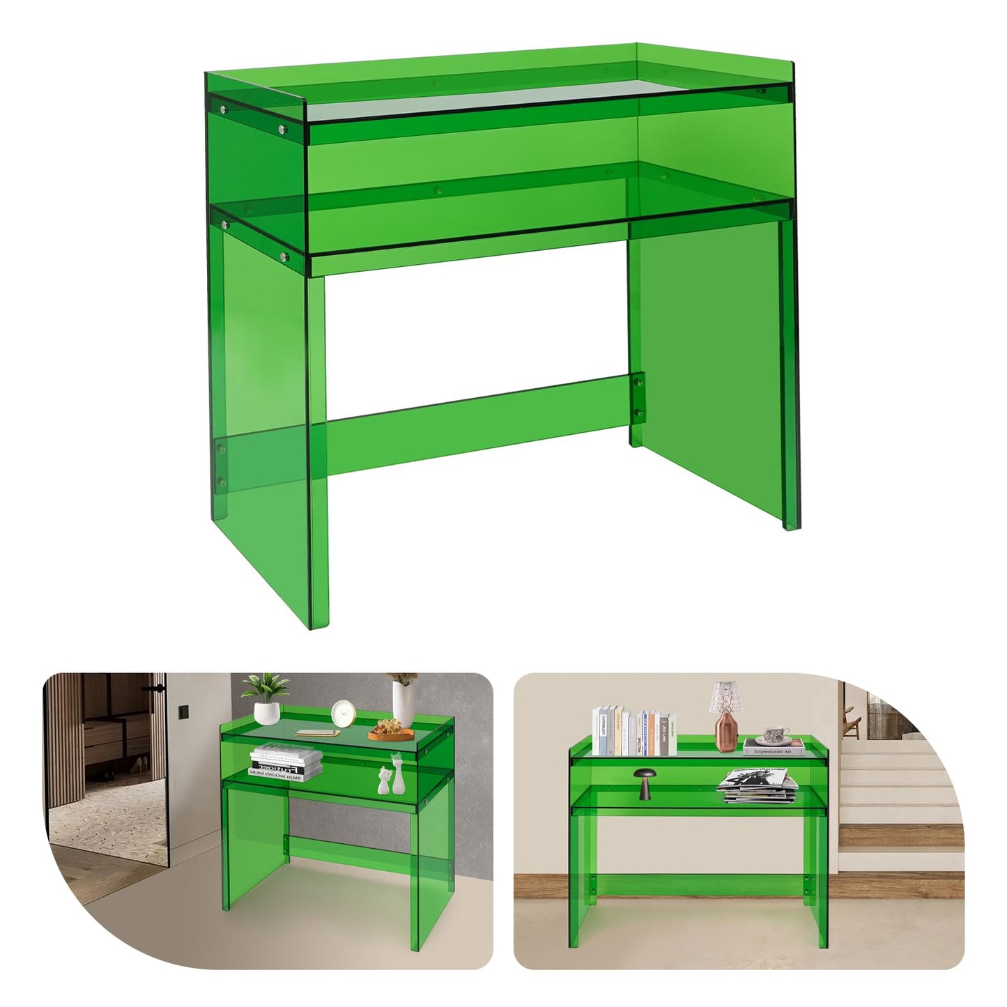 BuufuS Acrylic Console Table, Modern Narrow Sofa Console Tables with 2 Tier Storage Shelves Skinny Entryway Clear Table 39.5" Wx12 Dx 31.5" H for Sofa Foyer Hallway Living Room Entry (Green)