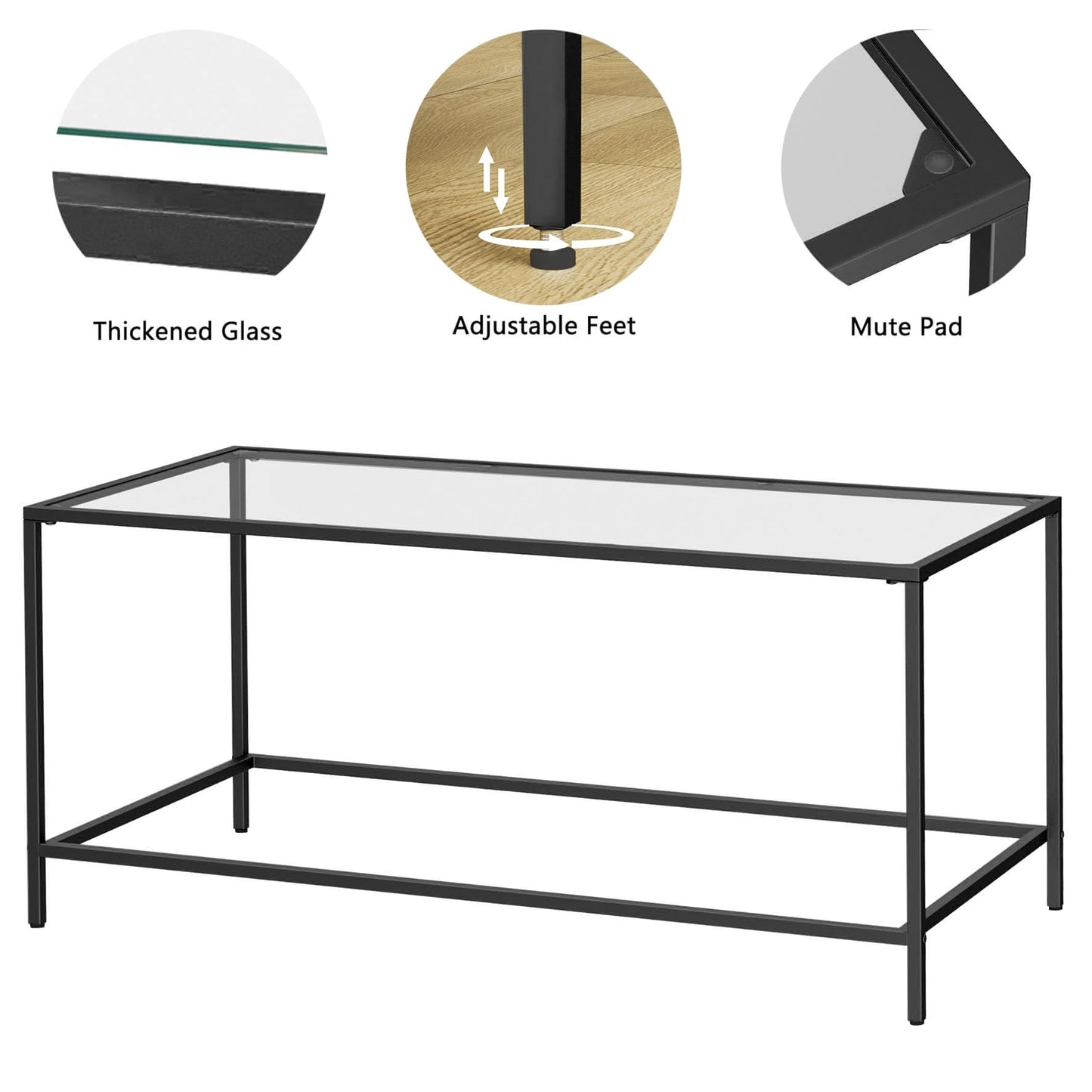 Homleke Glass Coffee Table, Modern Rectangular Coffee Table for Living Room, Minimalist Center Tea Table with Sturdy Metal Frame for Apartment, Office, Easy Assembly, 39.4 x 19.7 x 17.7 Inches, Black