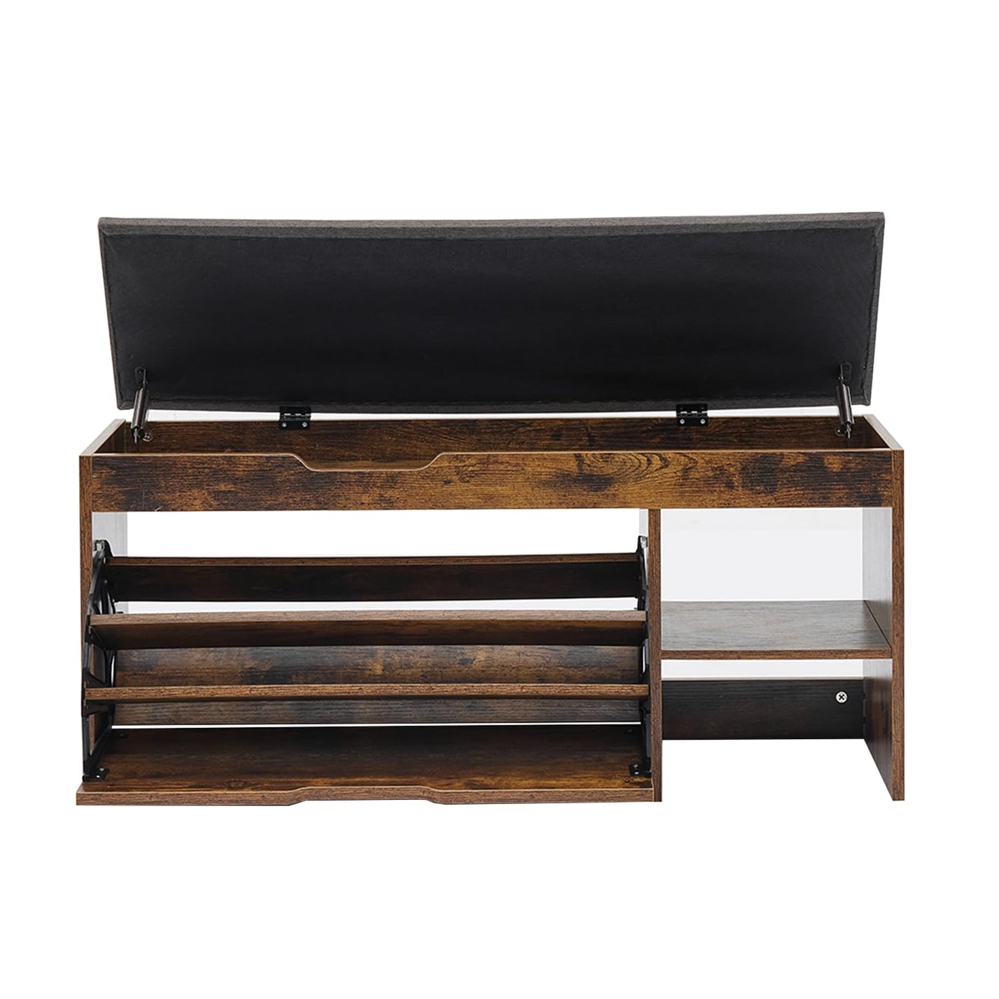 Shoe Storage Bench with Flip Drawers & Lift Top Storage Box, Entryway Bench with Seat Cushion, 3-Tier Short Shoe Cabinet with Adjustable Shelves for Entryway, Hallway, Living Room, Mudroom, Brown