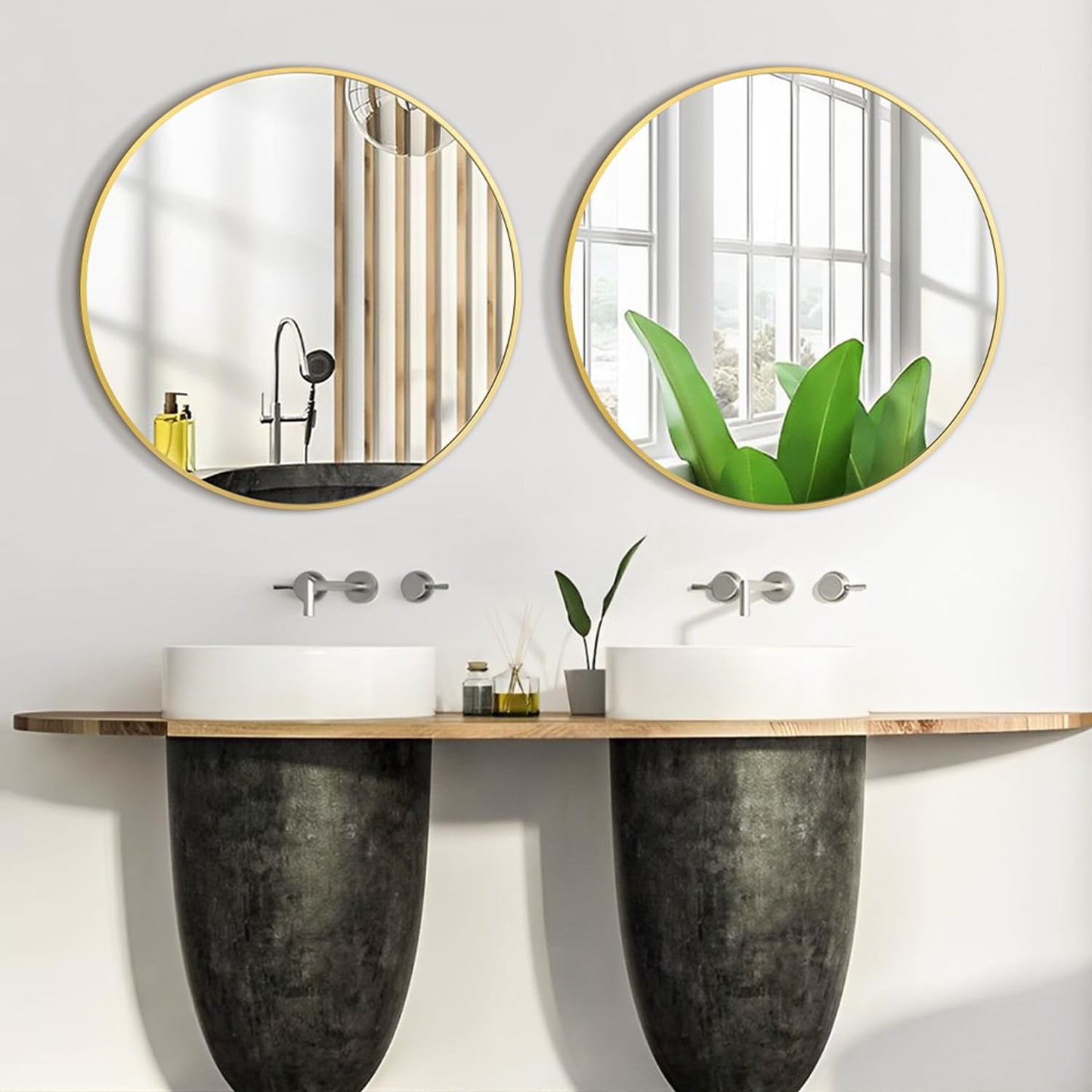 PUZONJIG Round Mirror 24 Inch Gold Round Bathroom Mirror Wall Mirror Brushed Metal Frame Anti-Rust Tempered Glass for Bathroom Bedroom Entryway Living Room