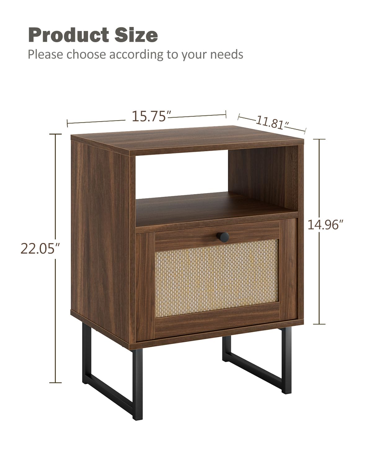 Apetaccat Rattan Nightstand, Boho Night Stand Farmhouse Wood Bedside Table with Storage and Open Shelf, End Side Accent Table for Bedroom,Living Room,Walnut