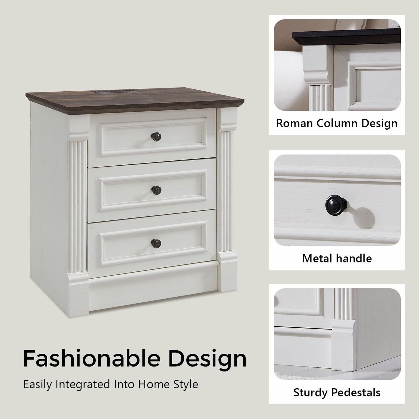 Aitjunz 26" Tall Farmhouse Nightstand Set of 2, 3 Drawers End Table w/Charging Station, 23.6" Wide Large Side Table w/Roman Column, Wood Rustic Sofa Table for Bedroom, Living Room, White