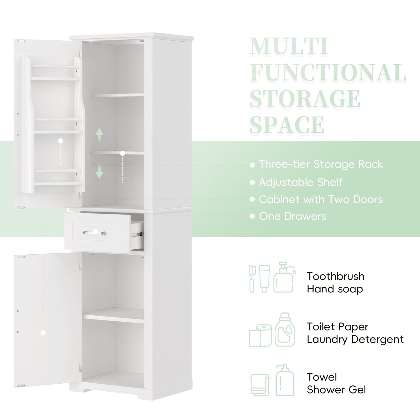 Guxeei Tall Storage Cabinet, Bathroom Floor Freestanding Storage Cabinet with 2 Doors, One Drawer, Door Shelve Design, and Adjustable Shelf for Bathroom, Office, Living Room, White