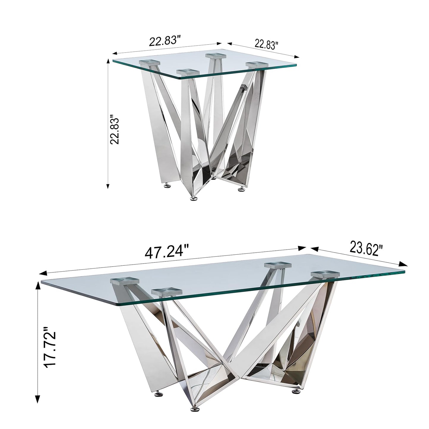 Glass Living Room Table Set of 3, Modern Glass Cofee Tables Set with Stainless Steel Base for Living Room Bedroom, Rectangle Glass Coffee Table and end Table Sets