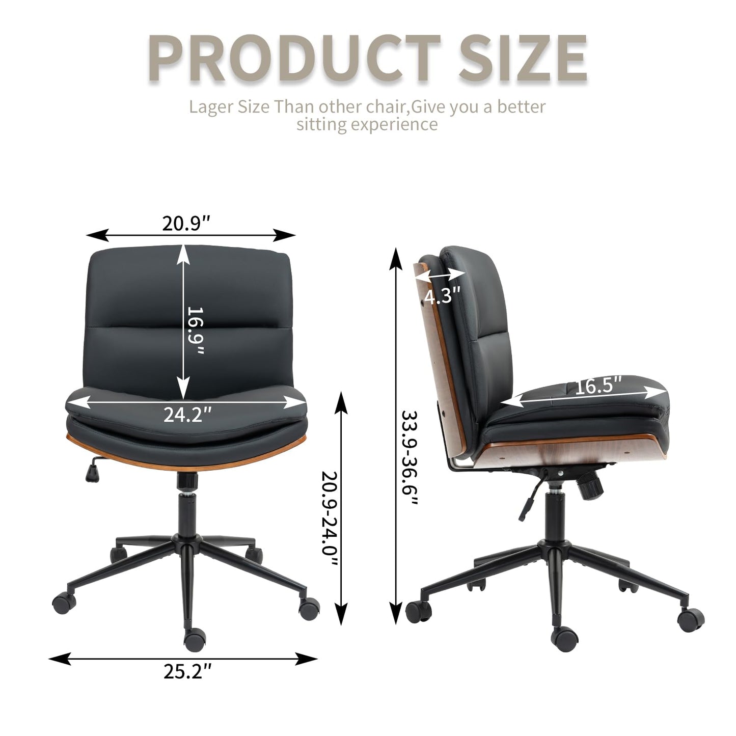 LONWIK Armless Modern Walnut Office Desk Chair with Wheels, PU Leather Adjustable Wide Swivel Task Chair, Ergonomic Cross Legged Computer Chair for Conference Room, Home Office (Black)