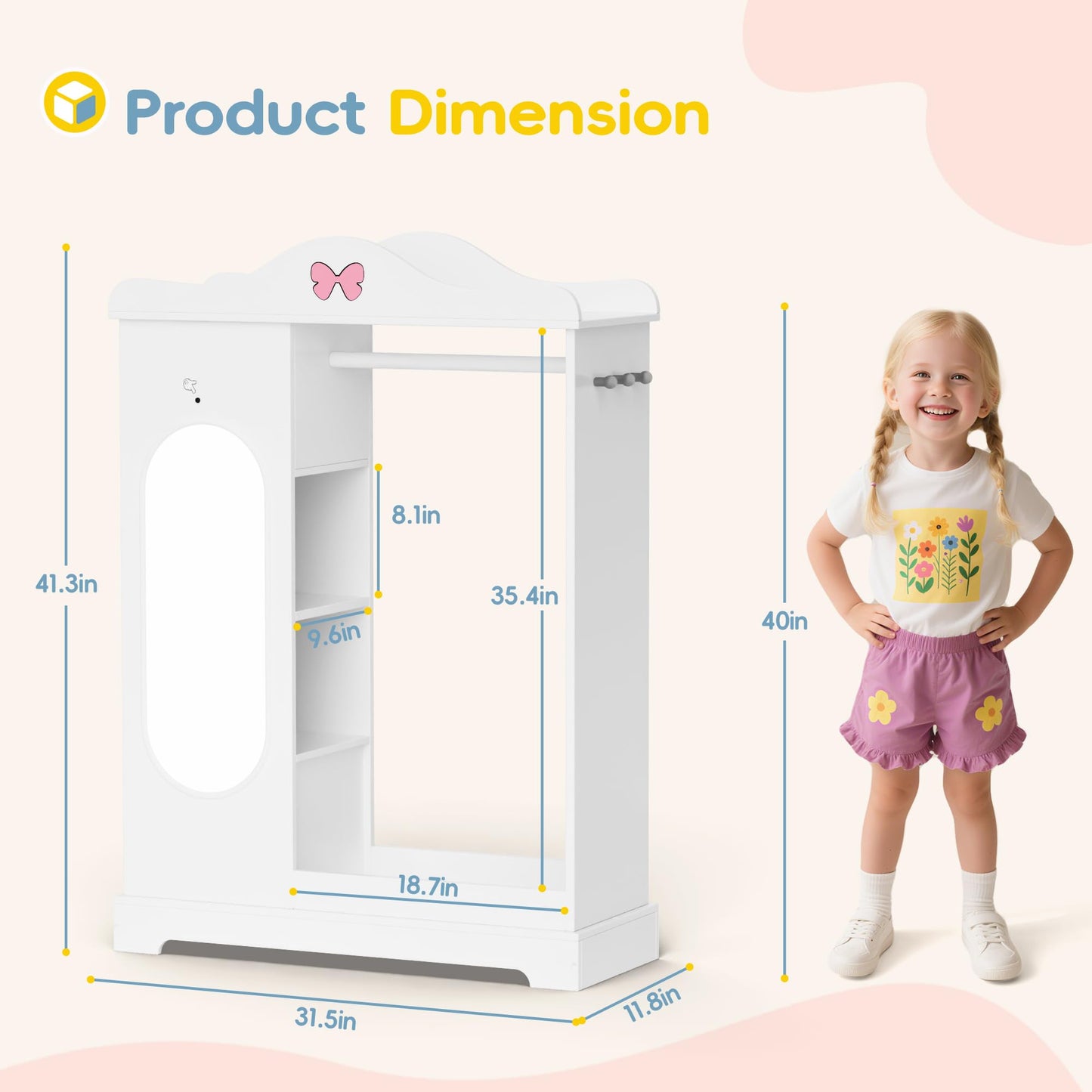 Callales Kids Armoire with Jewelry Cabinet, Kids Dress Up Storage with Shelves, Girls Wardrode Costume Organizer with Full Length Mirror, Children Closet with Armoire for Bedroom, Kids Room, Girls