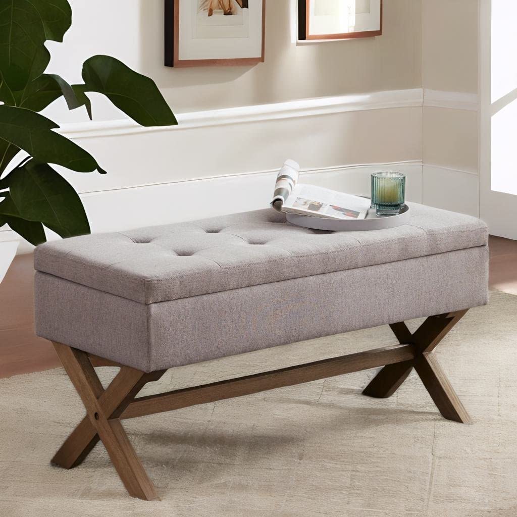 HUIMO 36-inch Entryway Bench with Storage,Dinning Benches Seat with X-Shaped Legs for Kitchen,Upholstered End of Bed Bench for Living Room, Bedroom.Storage Ottoman with Safety Hinge,Grey